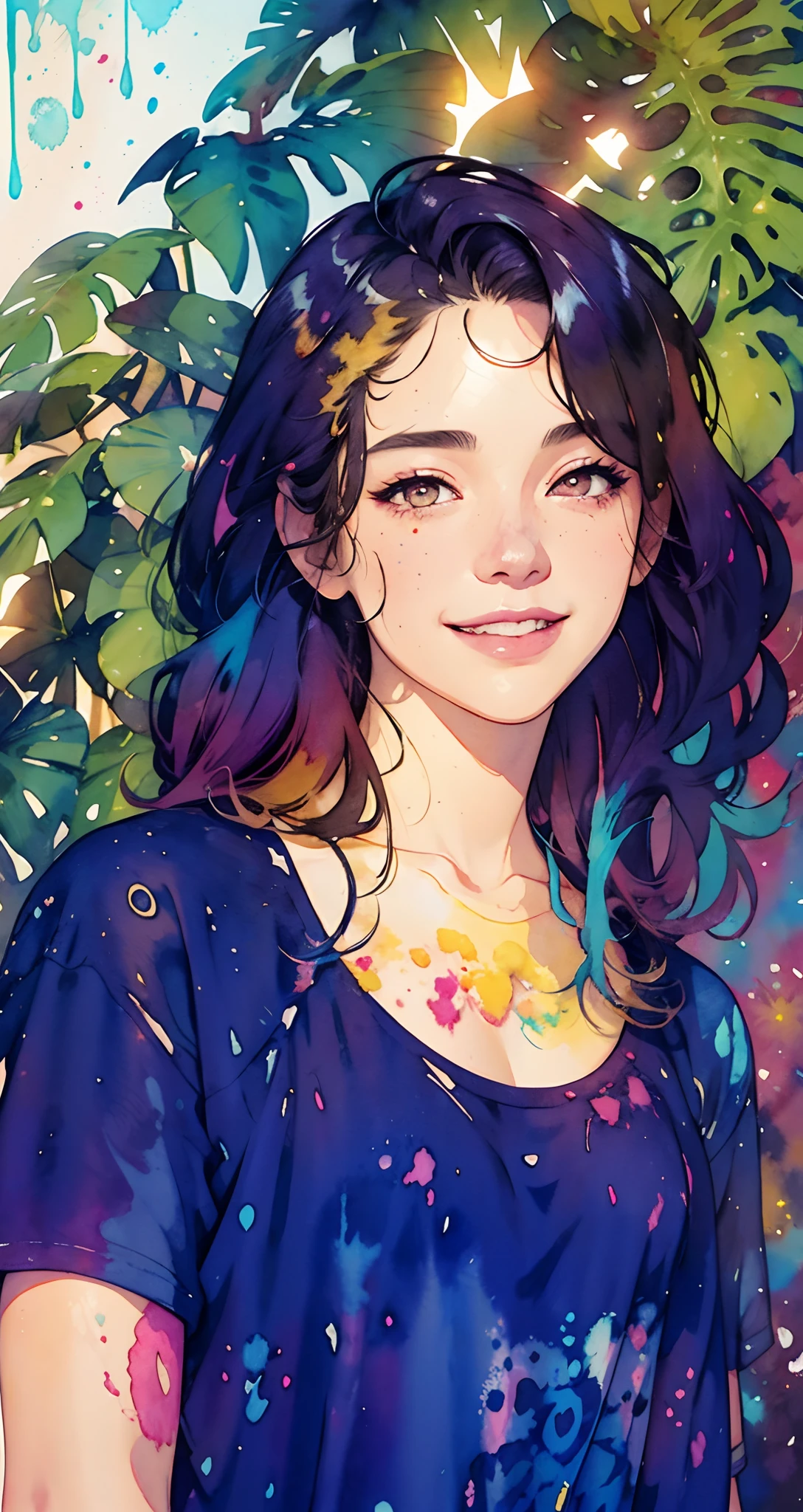 a Plumeria painting with a splatter background and spray paint effect, by Adam hughes, plumeria flower design t-shirt and jean shorts, upper body centered, multi-color hair, closed eyes, big happy smile, watercolor art, watercolor painting, watercolor painting style, watercolor detailed art, watercolor digital painting, watercolor paint, masterfully detailed watercolor, watercolor art
