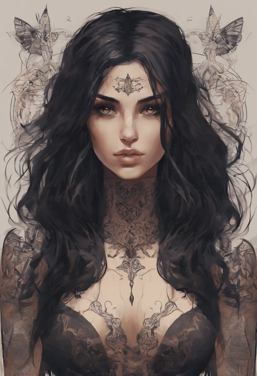 a European girl, long wavy black hair, brown eyes, beautiful tattoos, goth girl aesthetic, dark, slender curvy body, naked