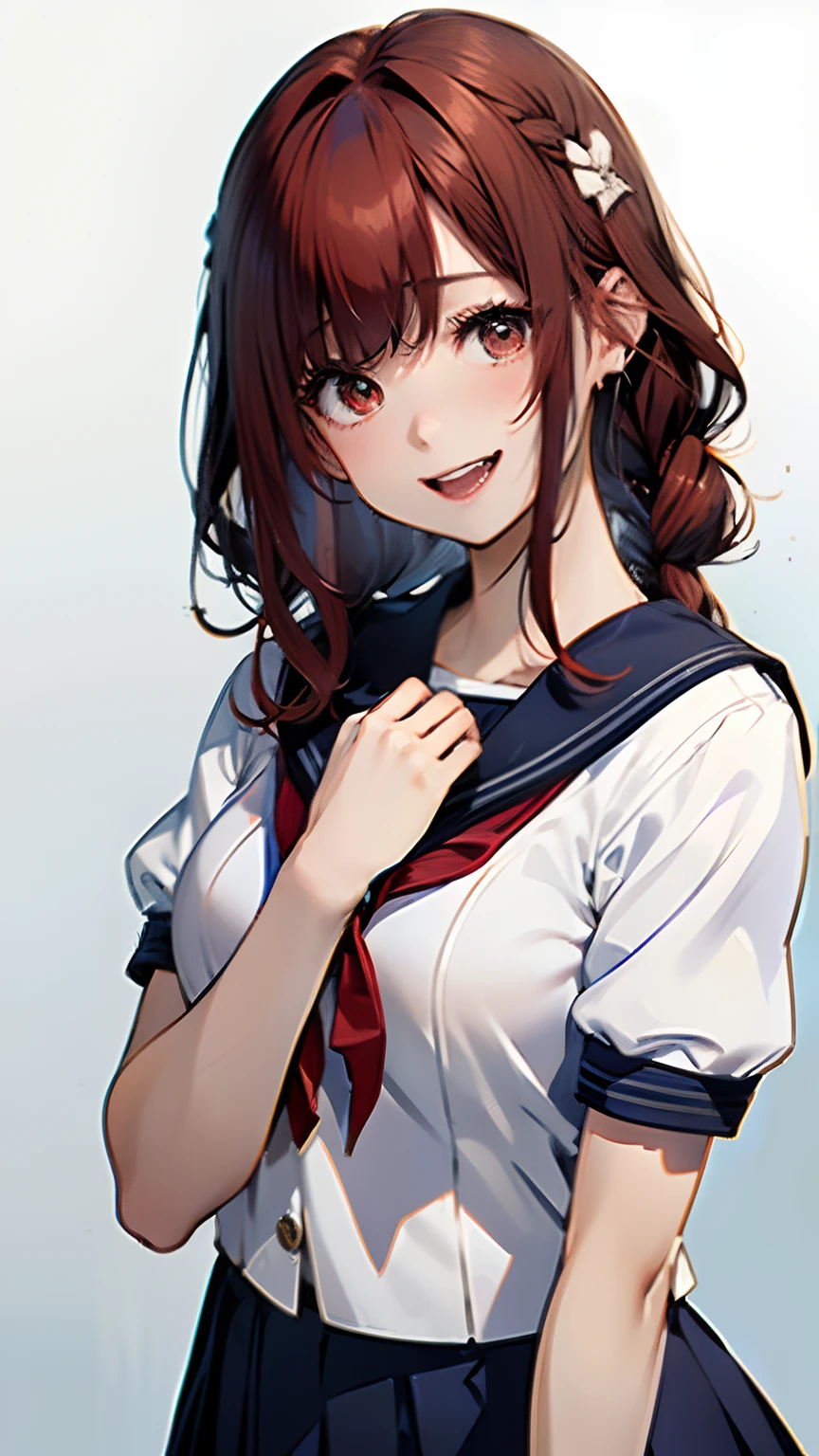 (top-quality, 8K, 32K, masterpiece, nffsw:1.2), (Raw photography), (realisitic), (Photorealsitic:1.2), (hight resolution), ultra-detailliert, extremely beautiful face and eyes, 1girl in, (Lori), infp young woman, round small face, big breasts thin waist、(((tiny chest)))、(((White wall background)))、slim proportions, (student clothes, a sailor suit、White sailor suit, Dark blue pleated skirt:1.23), (bustshot)、(((Red hair)))、((Sailor suit with short sleeves))、((laughing out loud))、((The mouth is open and、Showing white teeth))、