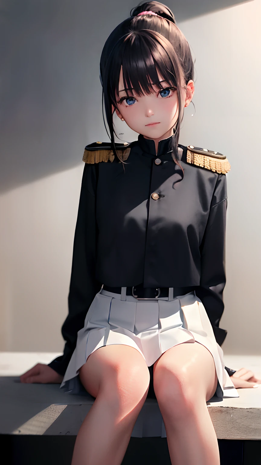 1girl in, Single person， (masutepiece:1.1), (Best Quality:1.1),  BREAK [Blue:Pink:0.5] theme, Cowboy Shot,Cinematic Light， full bodyesbian，Positive perspective，Pink Long Single Ponytail，Exquisite facial features，perfecthand，Blue eyes, (Black Military Top:1.2)，White belt，White epaulettes，(Black pleated skirt:1.2)，Black knee-length boots，sit，elegent，Beckon，Coast background