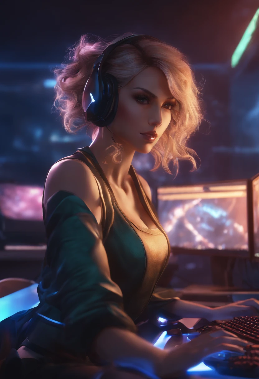 anime woman sitting at a gaming desk with a computer monitor in front of her, reaching into screen and fazing into the game in front of her, intense aura