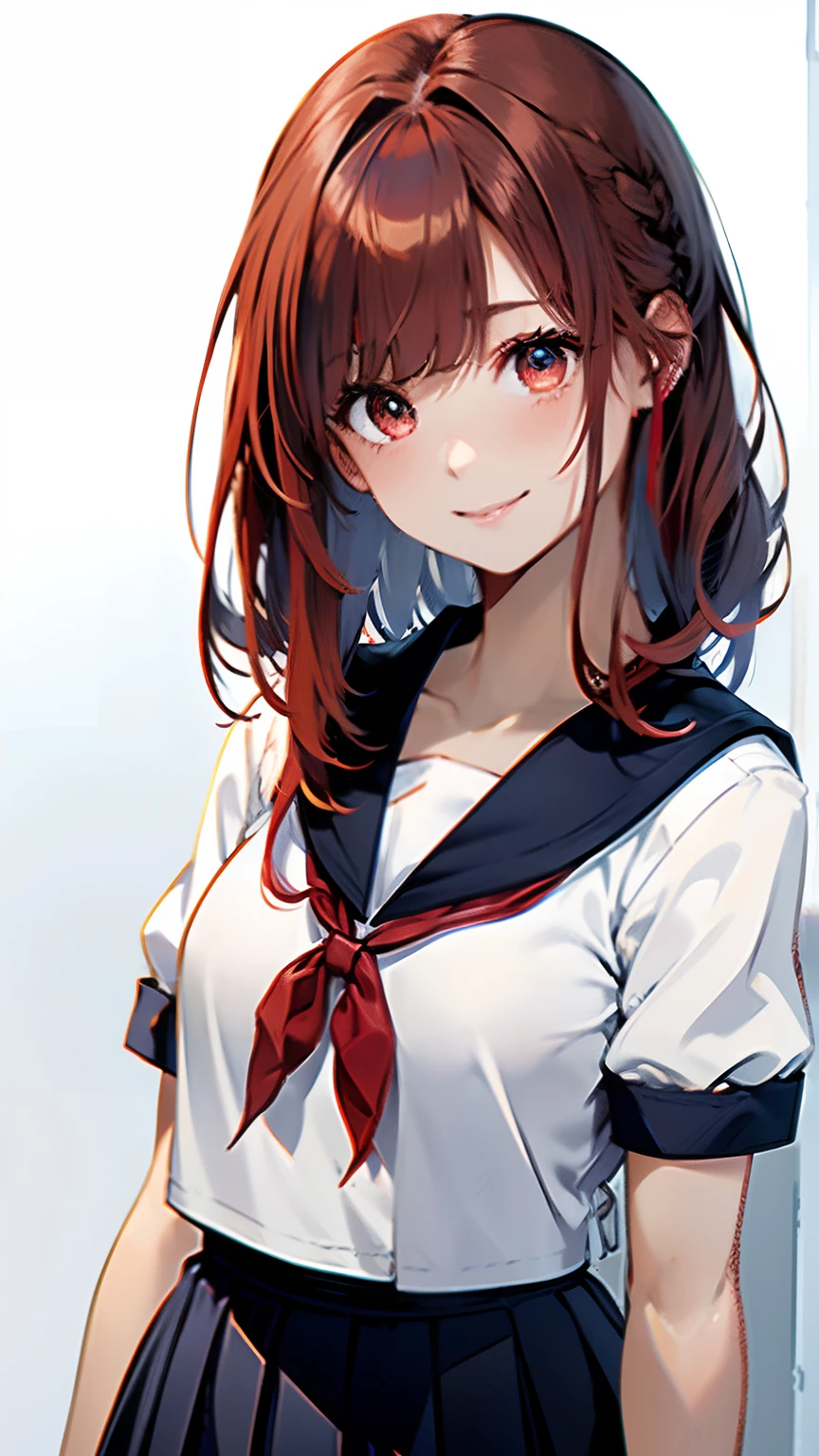(top-quality, 8K, 32K, masterpiece, nffsw:1.2), (Raw photography), (realisitic), (Photorealsitic:1.2), (hight resolution), ultra-detailliert, extremely beautiful face and eyes, 1girl in, (Lori), infp young woman, round small face, big breasts thin waist、(((tiny chest)))、(((White wall background)))、slim proportions, (student clothes, a sailor suit、White sailor suit, Dark blue pleated skirt:1.23), (bustshot)、(((Red hair)))、((Sailor suit with short sleeves))、a smile、Looks happy、The hand is in front of the mouth