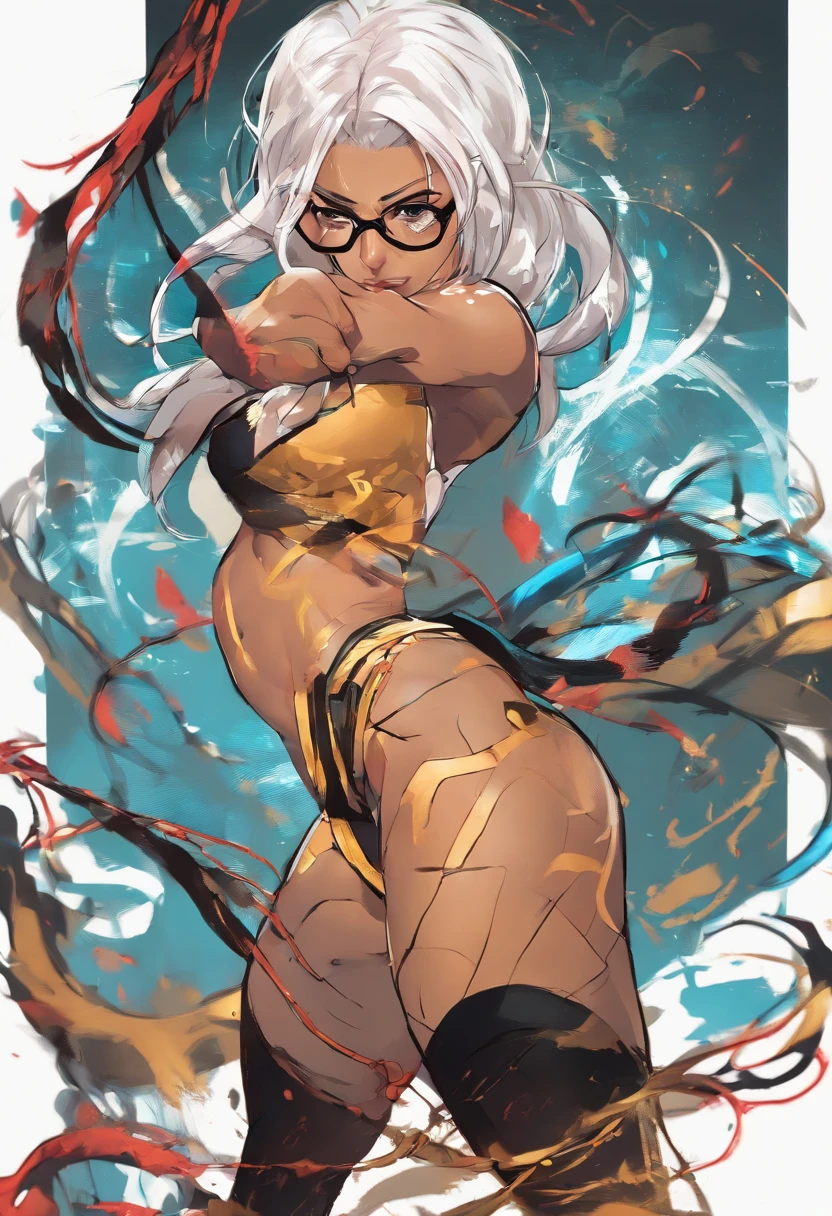 Female , big breast , white hair , long hair buzzed cut side , bikini , tattoos, whip as a weapon , sexy , square glasses , legs fish nets, tanned , black and gold