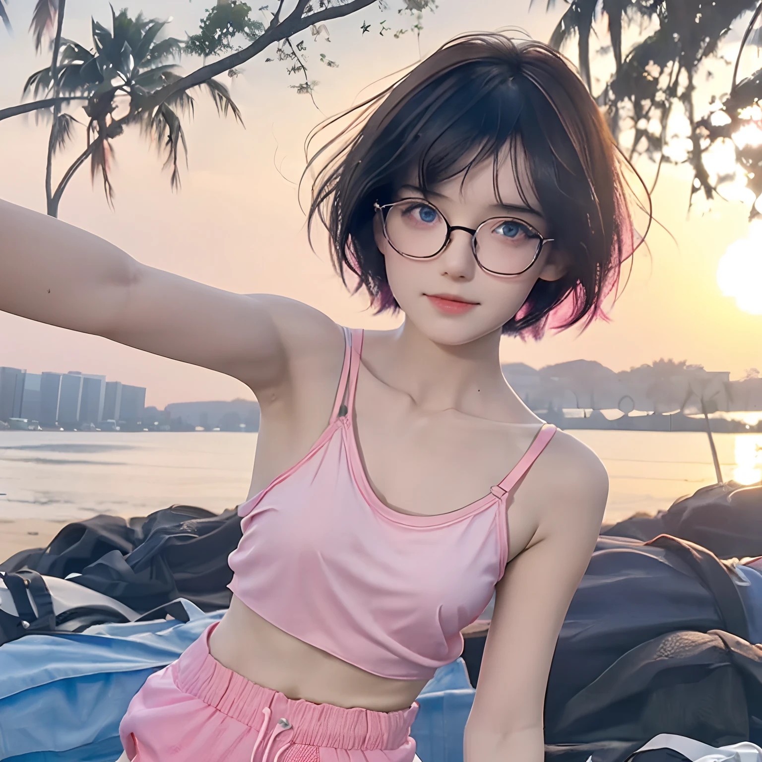 cute girl with black short bob hair and bangs, she is in eyeglasses, pink-strapped transparent white camisole, no bra, pink shorts, petite body, seen through, her skin bright, beautiful blue eyes, sunset, beach, she's doing selfie, 8k detailed high quality, nsfw, semi-realistic