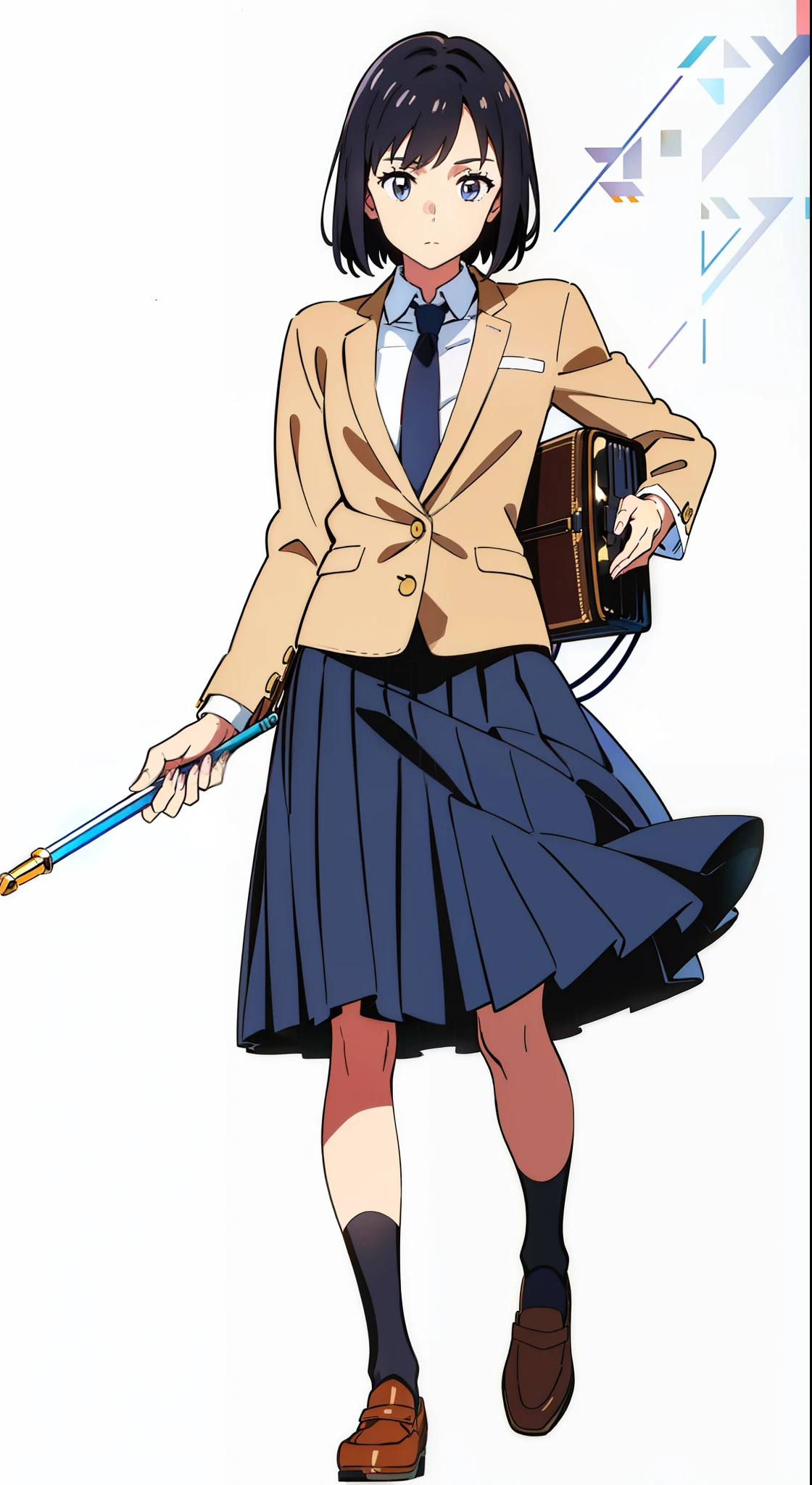 (dynamic pose:1.3), (white background:1.1), (best quality:1.1), (masterpiece:1.1), (full body:1.0), (solo:1.0), (a 18yo cute girl:1.0), (long skirt:0.9), (dark blue skirt:1.0), (pleated skirt:1.0), (school uniform beige blazer:1.0), (dark blue necktie:1.0), (black socks:1.0), (loafers:1.0), (lanky:1.1), (tall:1.1), (slender:1.1), (small breasts:1.1), (detailed beautiful eyes:1.0), (detailed beautiful face:1.0), (glowing black eyes:1.0), (short hair:1.0), (strait hair:1.0), (black hair:1.0)