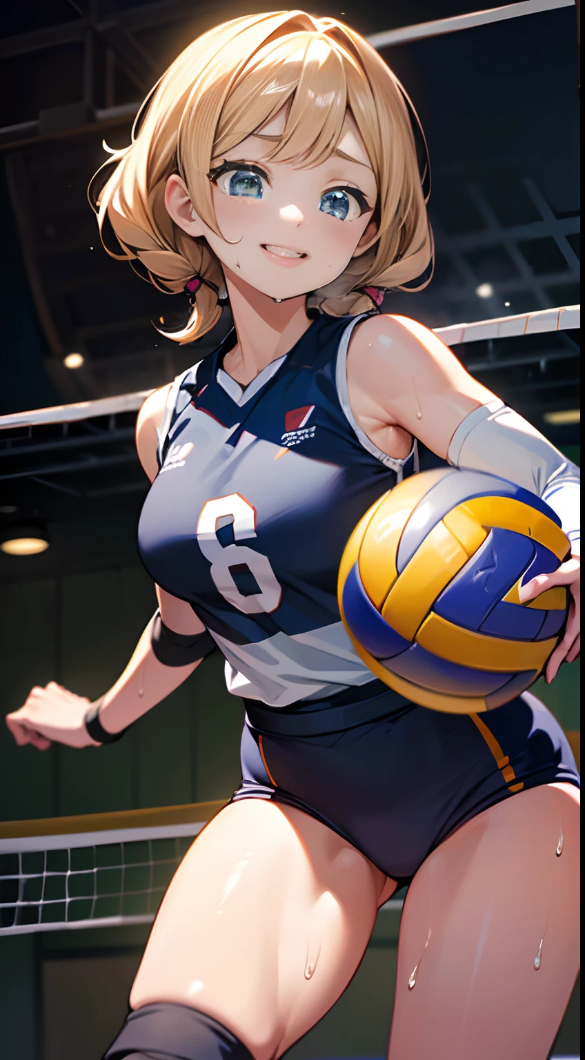 UHD, anatomically correct, 8k, (((masterpiece))), (((best quality))), (((ultra detailed))), (((high-resolution))), ((super fine illustration)), ((Ultimate cutie)), detailed beautiful face, solo, ((gyaru)), potbelly, ((curvy)), shiny hair, happy, smile, (blush),
BREAK, (((buruma))), ((sleeveless volleyball uniform)), ((elbow pad)), ((kneepad)), buruma, buruma,
BREAK, (((throw the Dirty spherical shape 6-inch volleyball))), ((sweat)), (perspired), (heavy breathing), sense of depth, in gymnasium, lighting, looking at viewers, (dynamic angle)