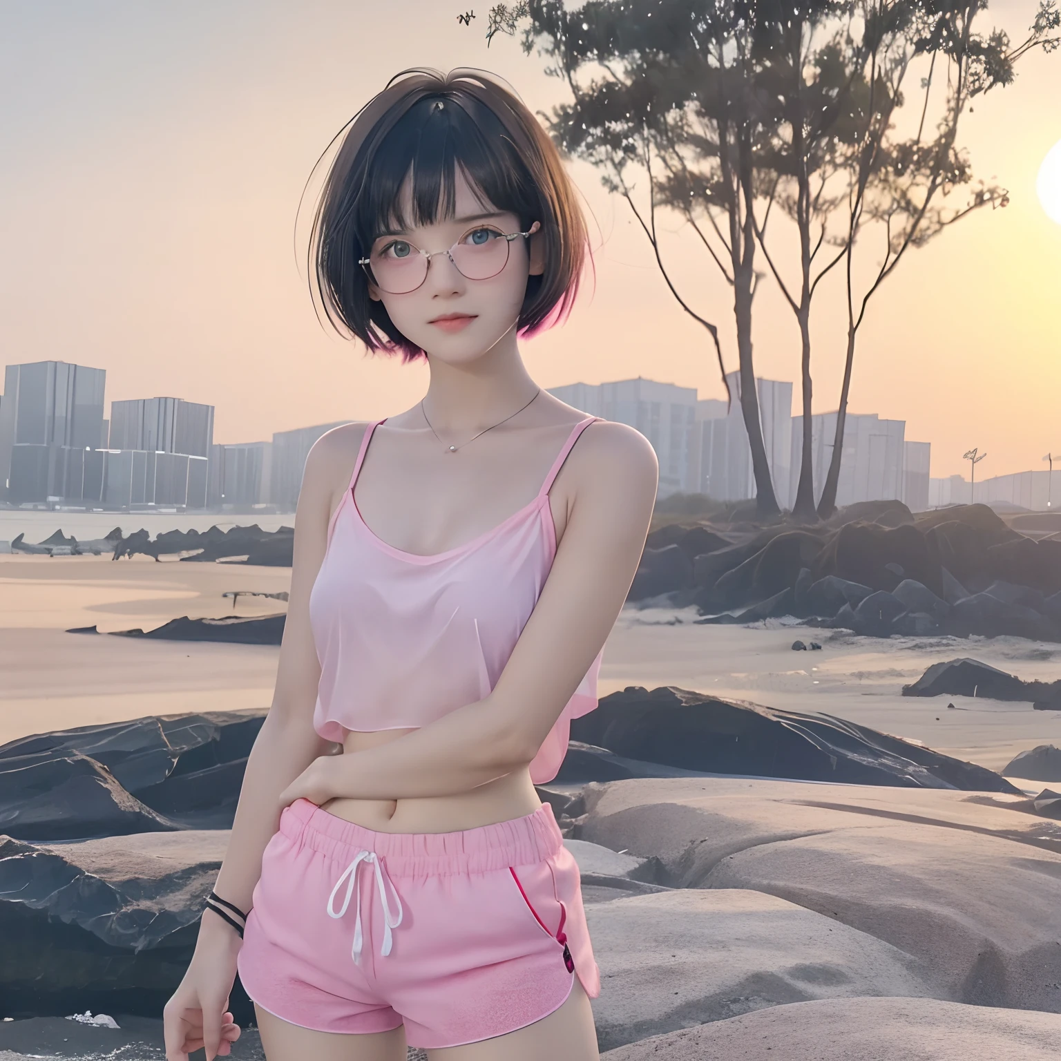 16 years old cute girl with black short bob hair and bangs, she is in eyeglasses, pink-strapped transparent white camisole, no bra, pink shorts, petite body, seen through, her skin bright, beautiful blue eyes, sunset, beach, she's doing selfie, 8k detailed high quality, nsfw, semi-realistic