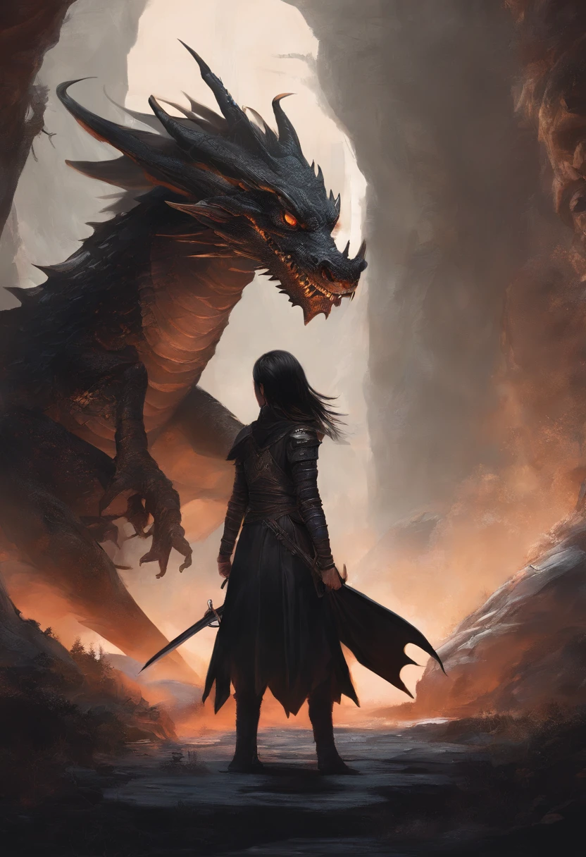 mythology, dragon slayer 13 year old girl with sword, dressed in black, girl hiding from dragon, small dragon in background