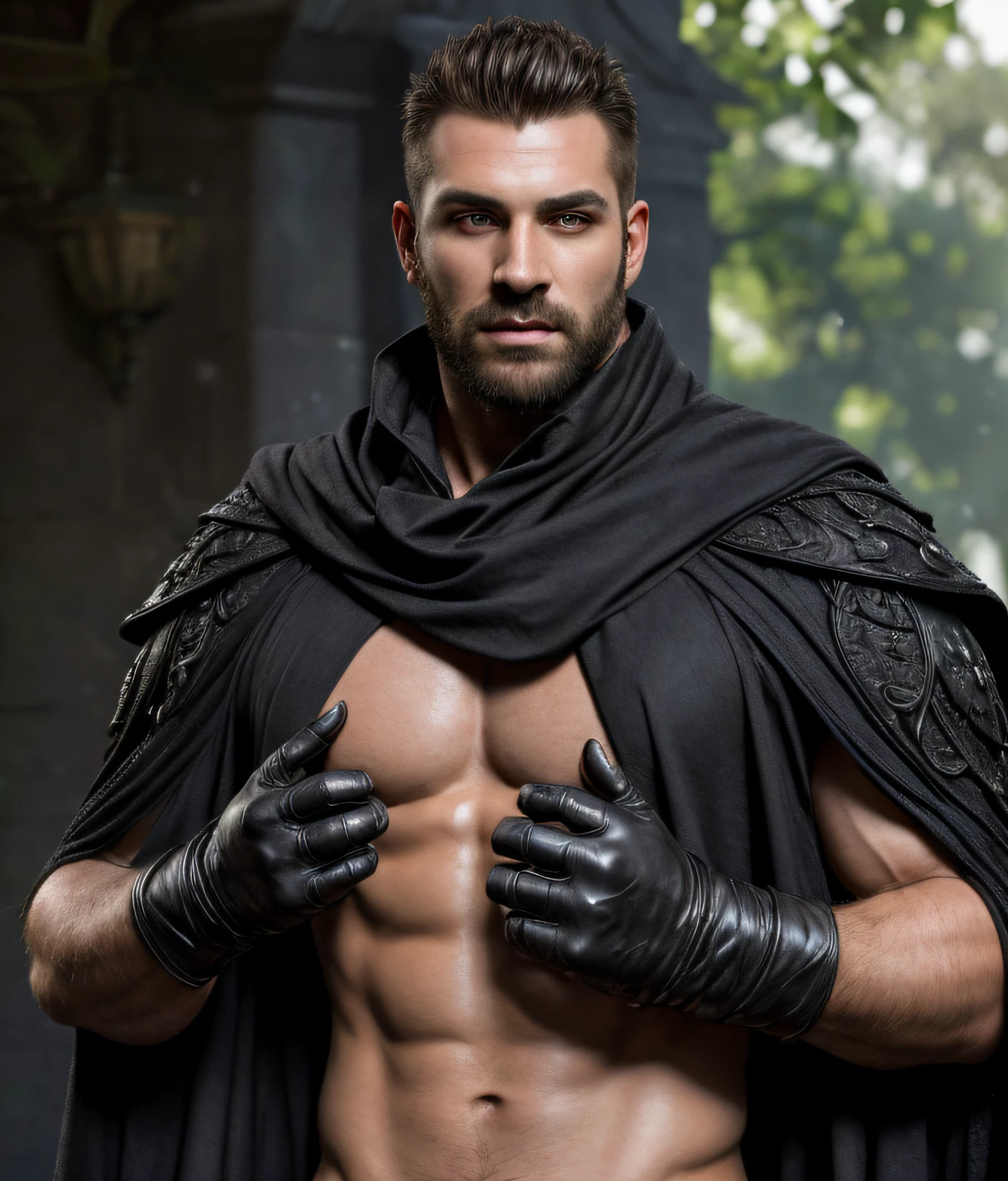 realistic, masterpiece, best quality, cinematic lighting, natural shadow, highest detail, professional photography, detailed background, depth of field, insane details, intricate, aesthetic, detailed face, subsurface scattering, realistic hair, realistic eyes, muscular, masculine, large pectorals, (shiny skin:1), (sweat:0.5), photo of a handsome man, crowmancer, crow, bird, gothic wizard robe, gloves, penis out