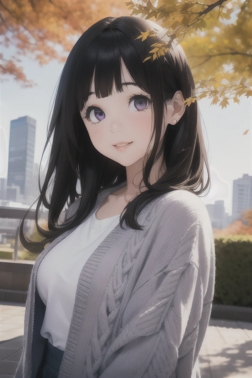 (A superb exquisite Chitanda Eru), purple eyes, long black hair, natural straight hair, straight bangs, solo, (Small_breasts: large_breasts: 0.5), (knitwear, jacket), joyful smile, japan, outdoors, morning, clouds, tall buildings in background, concrete buildings, sidewalk, urban, trees, autumn, falling leaves, extremely delicate, straight facial features, peerless beautiful girl, dreamy quality, exaggerated facial features, solid color, delicate face, bright lips, slender waist, soft curves, real light and shadow, super fine, 8k, natural moving, Ultra high resolution, (masterpiece:1.4, best quality), (finely detailed beautiful eyes: 1.2), (beautiful detailed adult face)