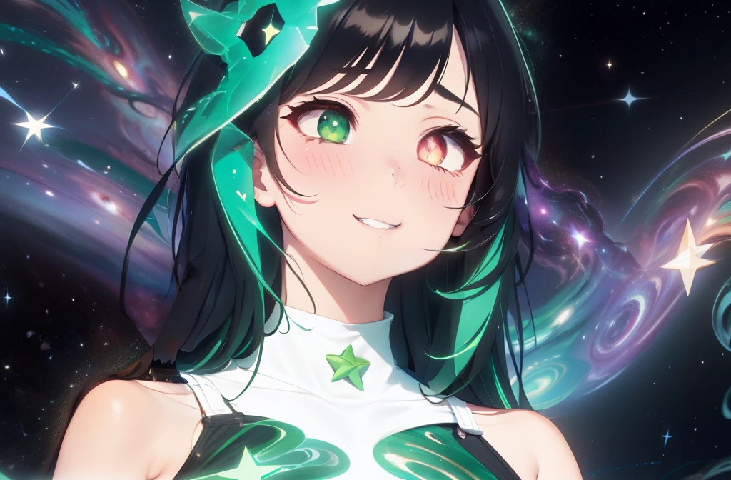 1girl,Star-shaped pupils,fingernails,hands on own face,black hair, right green eye, left darkbrown eye,(blush:1.1),Star choker,upper body,heart,(speed lines:1.1),medium breasts, ((heavy breathing:1.3)), love, heart, bodysuit, green bangs, stars in hair, galaxy hair, heterochromia, celestial, looking at viewer, smile, grin, emerald shards