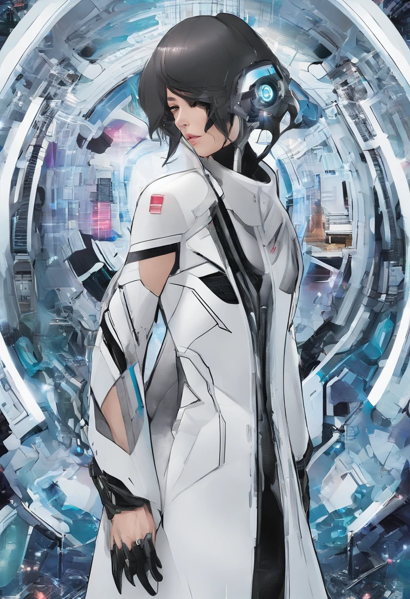 man of average height, Japanese woman with dark hair and piercing eyes. Your skin has a pale tone, And he has discreet cybernetic implants, like a bionic eye that's your main investigative tool. He dresses up in tech suits and a high-tech mask to hide his identity when acting as a vigilante.