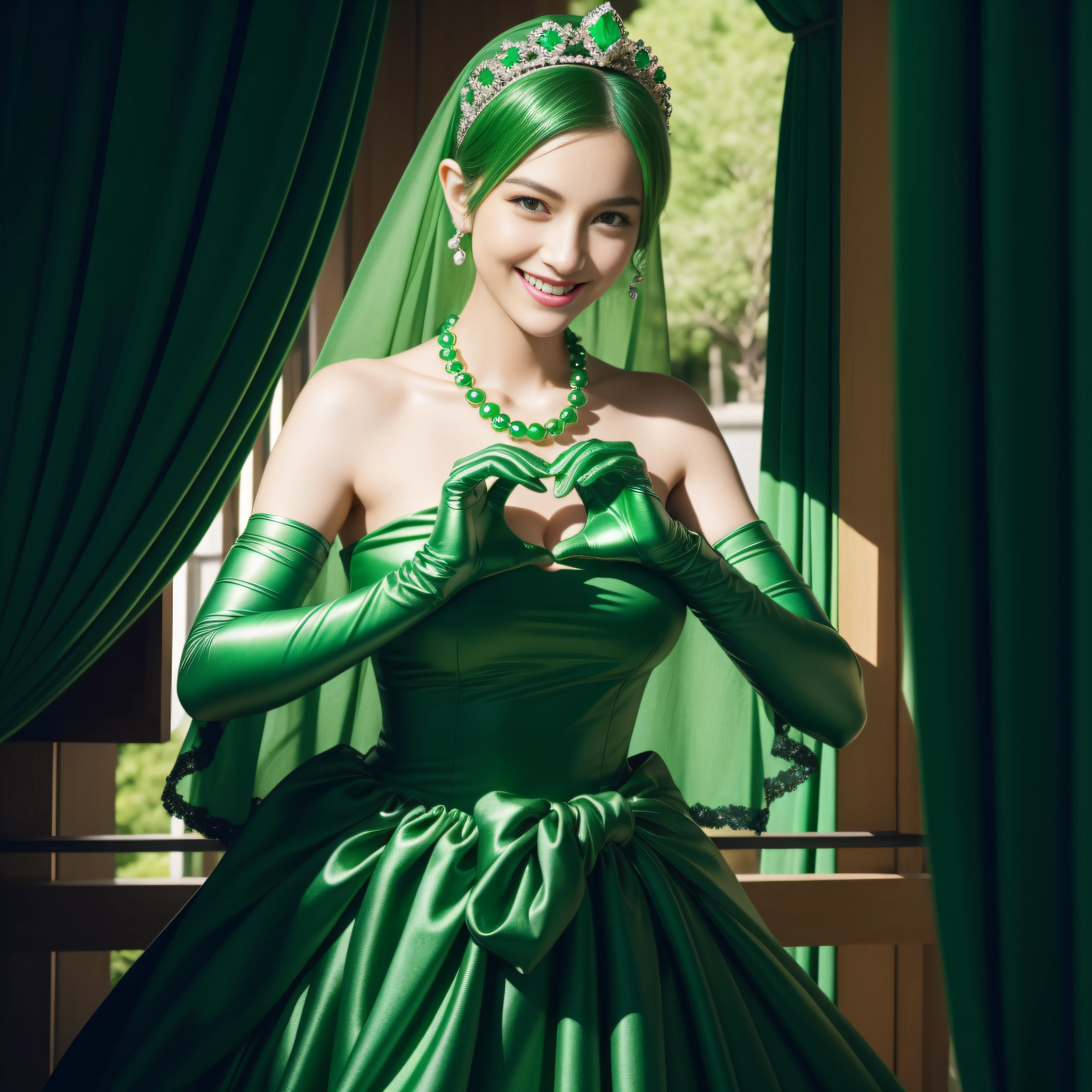 emerald tiara, Green Pearl Necklace, Boyish very short green hair, lipsticks, Japan woman smiling, very short short hair, big breasts beautiful, Green eyes, Long green gloves made of satin material, Green eyes, Emerald Earrings, green vale, Heart with both hands