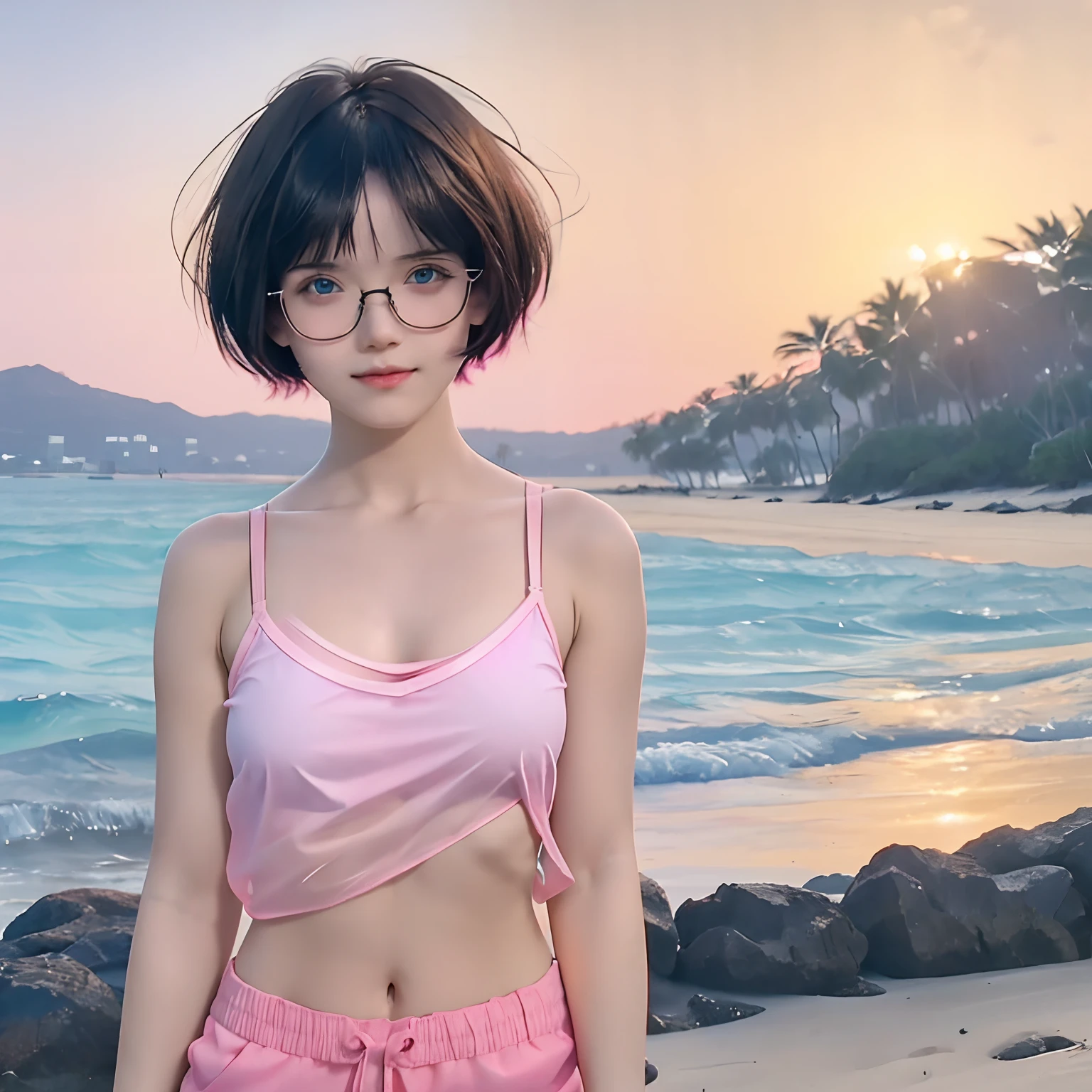 cute girl with black short bob hair and bangs, she is in eyeglasses, pink-strapped transparent white camisole, no bra, tits, pink shorts, petite body, seen through, her skin bright, beautiful blue eyes, sunset, tropical beach, she's doing selfie, 8k detailed high quality, nsfw, semi-realistic