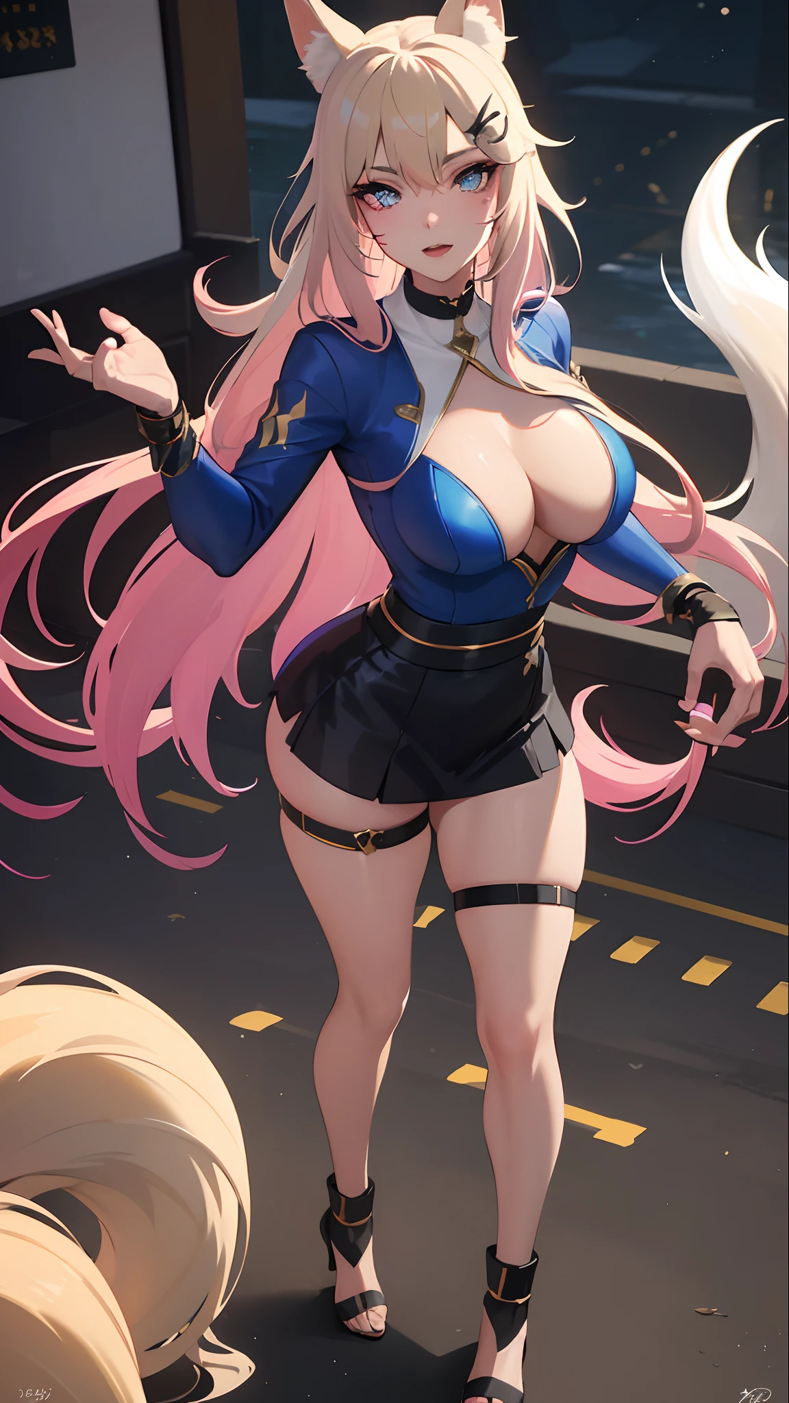 best quality,masterpiece,8k wallpaper,absurdres, highres, ultra detailed, (ung beautiful girl, solo:1.1),realistic,k/da (league of legends), solo, animal ears,gloves, fox ears, hair ornament, long hair, blonde hair,blue eyes, whisker markings, fingerless gloves, pink hair,multicolored hair,official alternate costume, asymmetrical clothes, makeup, facial mark, hairclip, medium breasts, athletic body, slim body, skirt, blue top, thigh strap, lips, gradient hair, fox tail, single glove,fox tail, (nine-tailed fox (mythological creature):1.3),A fairytale land where magical creatures live and thrive,BREAK