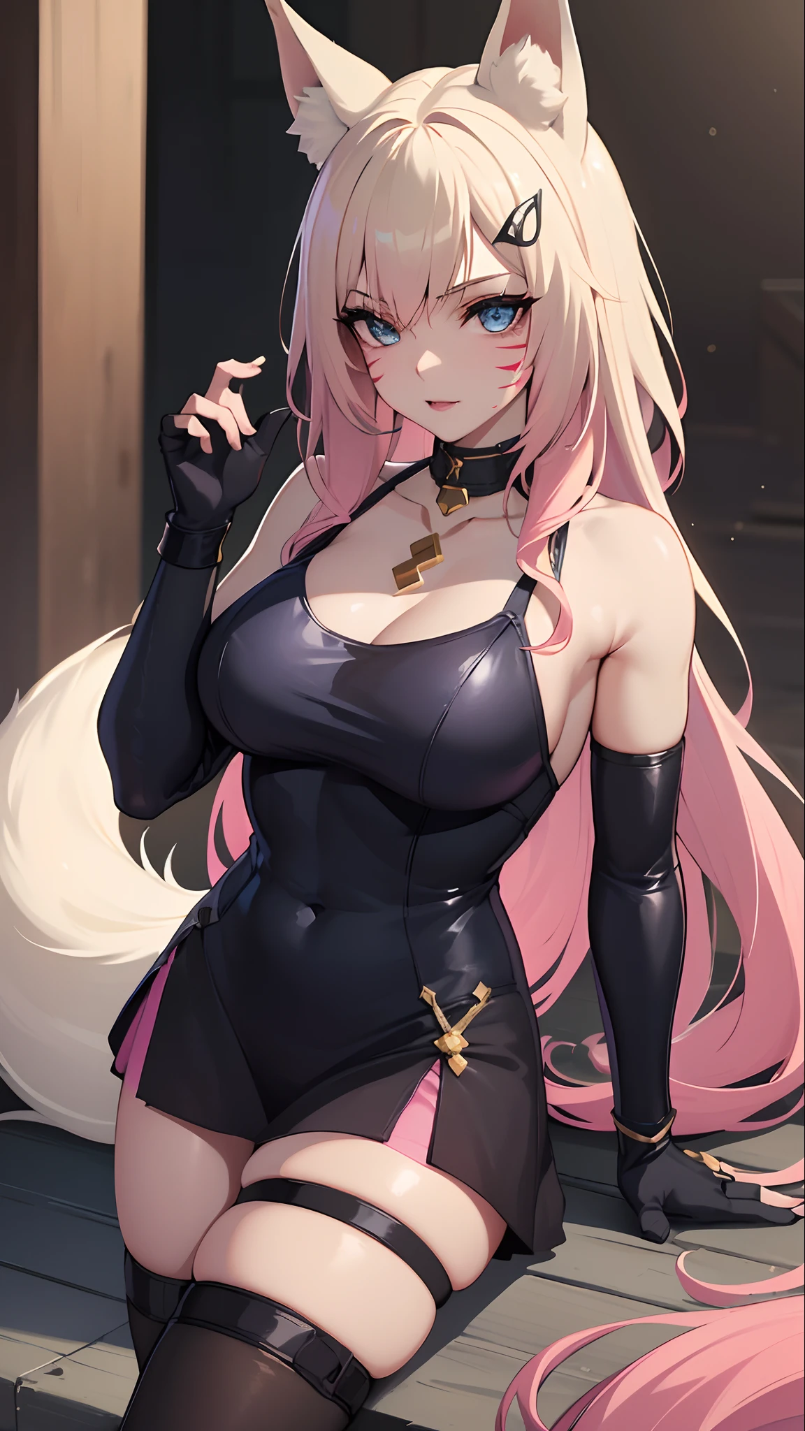 best quality,masterpiece,8k wallpaper,absurdres, highres, ultra detailed, (1 young beautiful girl, solo:1.1),realistic,k/da (league of legends), solo, animal ears,gloves, fox ears, hair ornament, long hair, blonde hair,blue eyes, whisker markings, fingerless gloves, pink hair,multicolored hair,official alternate costume, asymmetrical clothes, makeup, facial mark, hairclip, medium breasts, athletic body, slim body, skirt, blue top, thigh strap, lips, gradient hair, fox tail, single glove,fox tail, (nine-tailed fox (mythological creature):1.3),A fairytale land where magical creatures live and thrive,BREAK