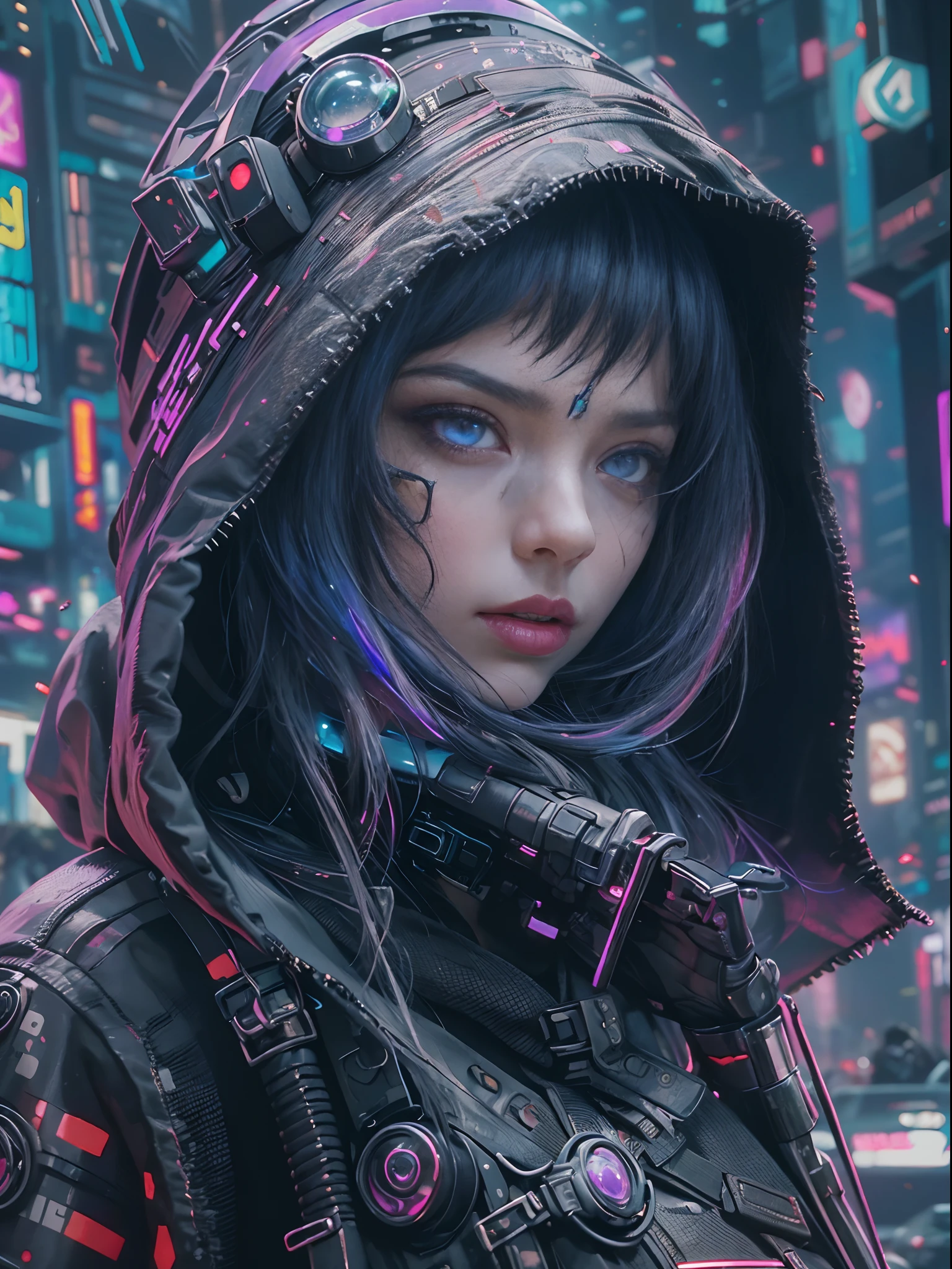 Unbeatable masterpiece, Ultra photo realsisim, Perfect Artwork, Intricate details, Best Quality, strong lights,High contrast,((Post apocalyptic futuristic Cyberpunk , outline):1.35) , ((masterpiece)),((Extremely detailed)) , ((extremely detailed and beautiful face)) , Smoky makeup, Perfectcomposition , intricate detailes , neon light , neon trim, (full body Esbian:1.25) , (Official art) , Very delicately beautiful cyberpunk girl, long black colored hair blowing in the wind, vibrant purple eyes, long detailed eyelashes, huge enormously gigantic tits, cleavage showing, wearing highly detailed futuristic hooded battle armor, tons of tattoos and piercings(1girl:1.3) , Solo , (glass screen:1.2) , (Clear glass) , Tindall Effect , Colorful refraction , visual impact , (High light contrast) , Colorful , Melt , (Cyberpunk:1.2) ,(flinch :1.4) ,