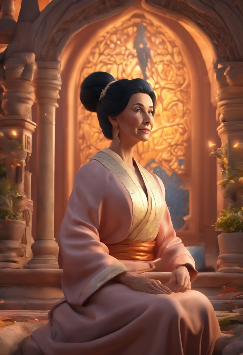There is a 70-year-old lady with black hair in a bun in a mystical place from her hands come magical powers