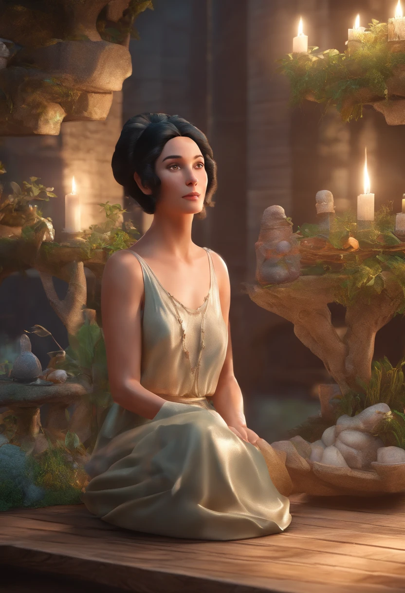 There is a 70-year-old lady with black hair in a bun in a mystical place from her hands come magical powers