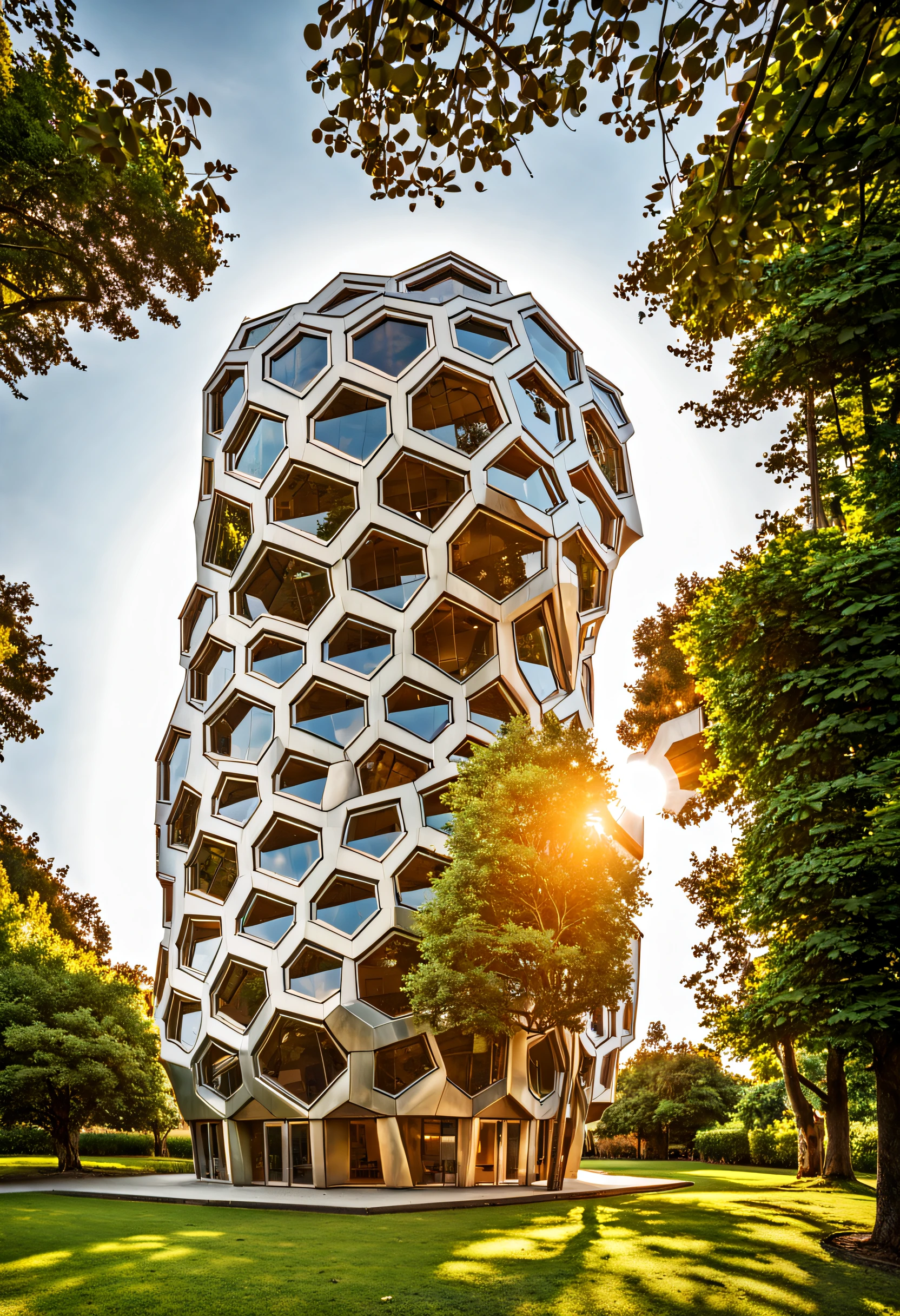 photograph of a modern and futuristic house built of hexagonal metal plates. In a landscape of leafy trees in the afternoon