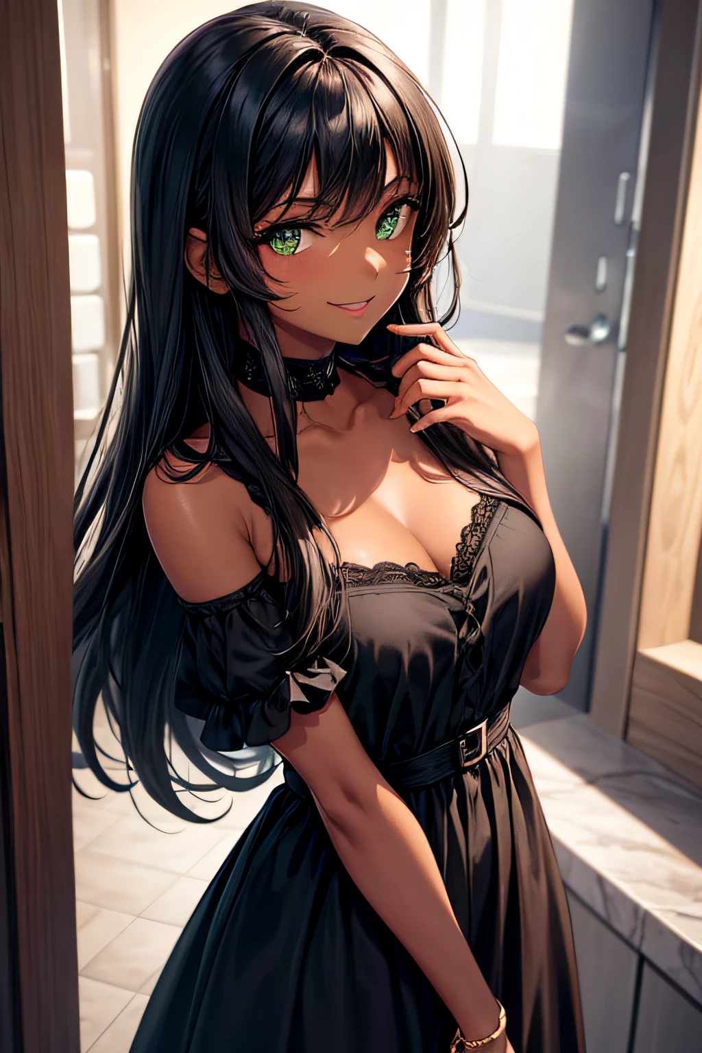a sexy woman, (best quality), (masterpiece), (1girl), slim, anime, tall, (lingerie), (view from below), (green eyes), (flat chested)