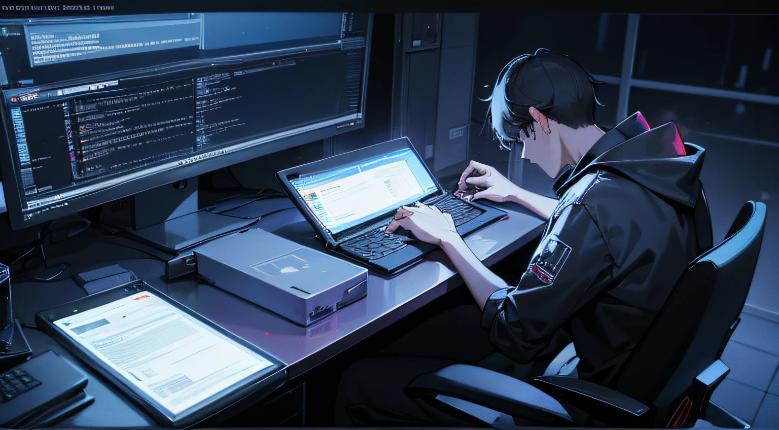 coding at night, hacker, coffe, high details, 4k, code, details, 2k
