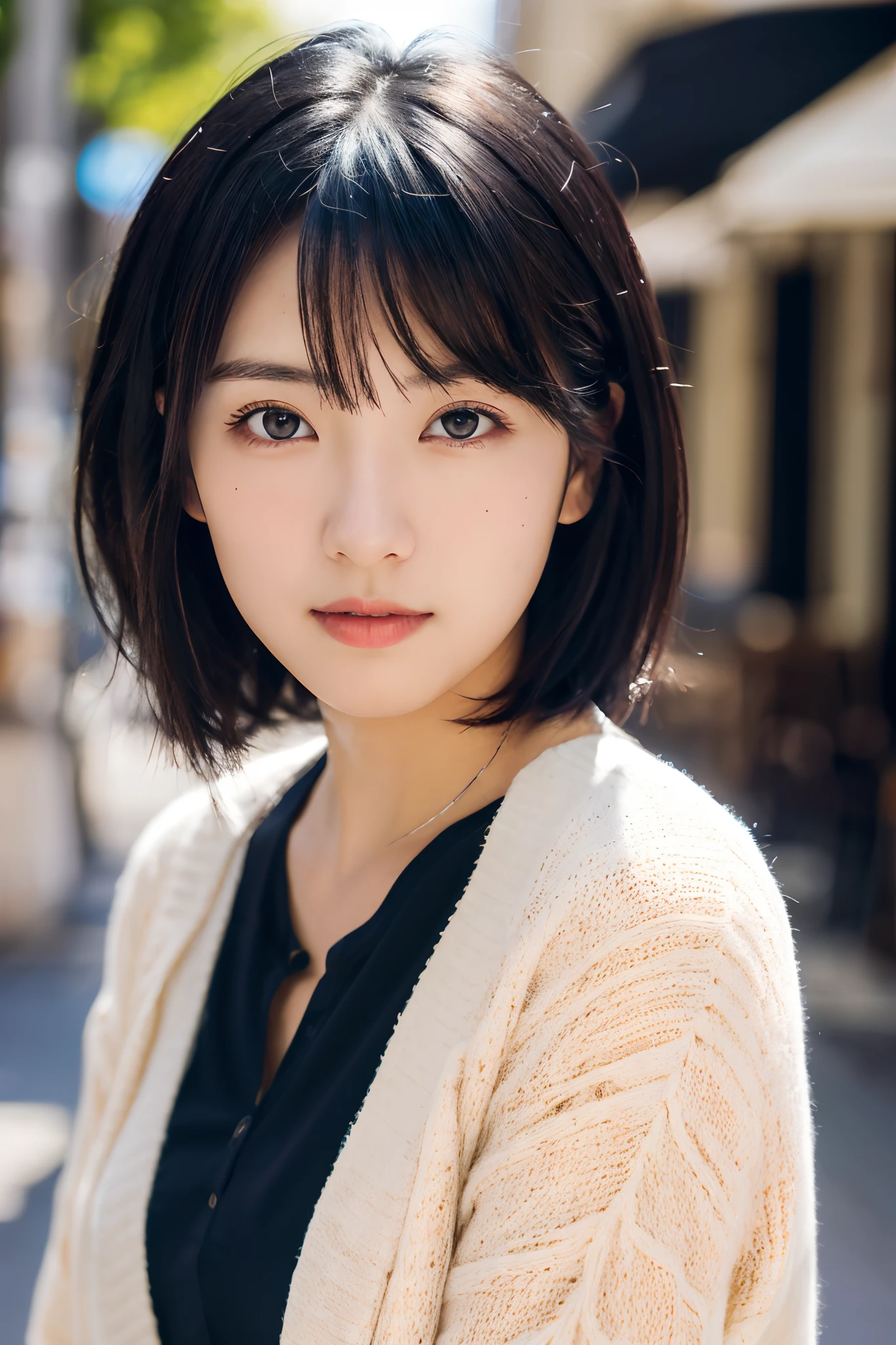 , Blown by the long wind [blue-black:.3] hair,Looking at Viewer, (masutepiece:1.3), (8K, Photorealistic, Raw photo, Best Quality: 1.4), Japanese, (1girl in), Beautiful face, (Realistic face), (Black hair, Short hair:1.3), Beautiful hairstyle, Realistic eyes, Beautiful detailed eyes, (Realistic skin), Beautiful skin, Attractive, 超A high resolution, A hyper-realistic, Highly detailed, Golden ratio,、乃木坂アイドル、韓国アイドル、hposing Gravure Idol、女優、25-years old、tall、cafes、resturant、Italy、Americans、Australia、