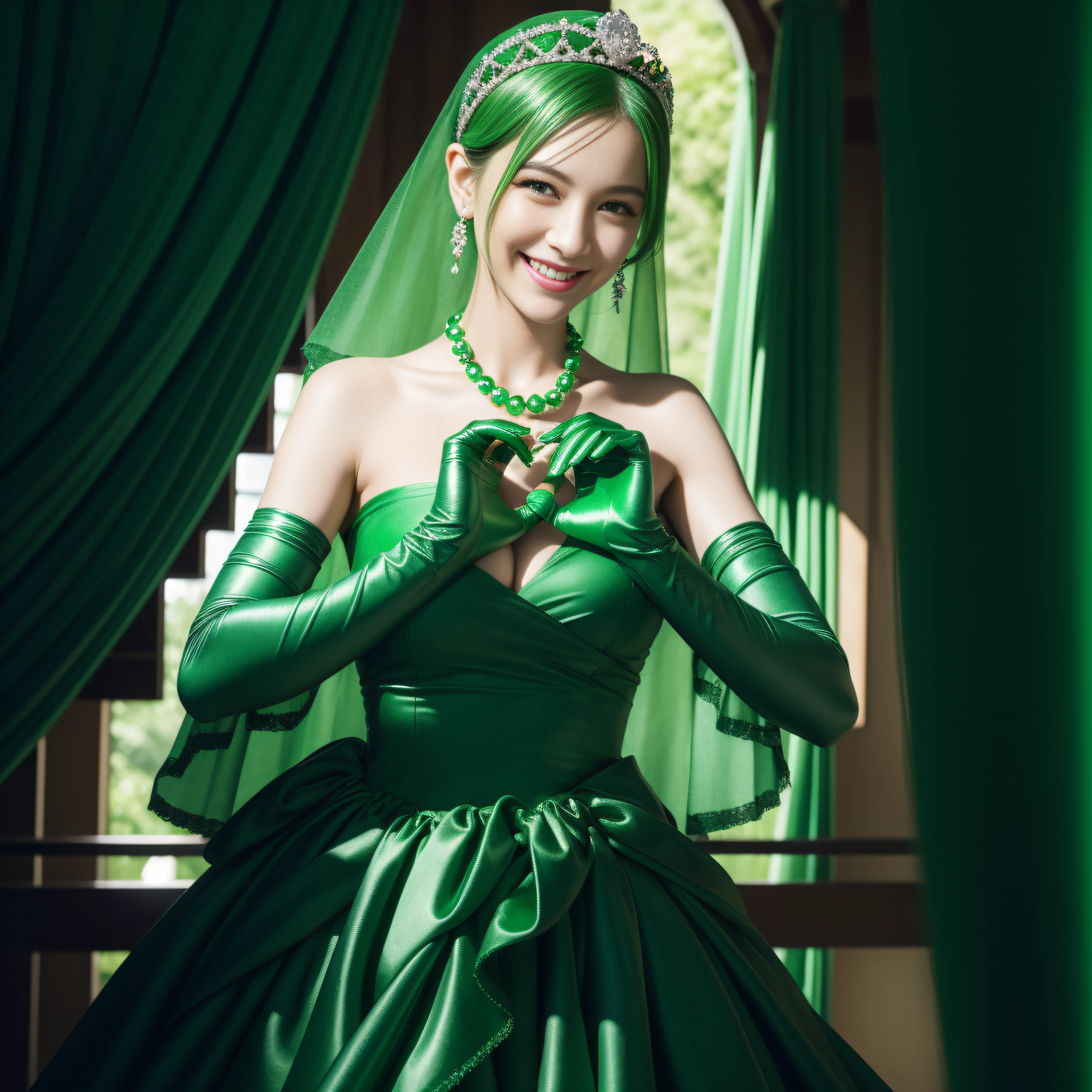 emerald tiara, Green Pearl Necklace, Boyish very short green hair, lipsticks, Japan woman smiling, very short short hair, big breasts beautiful, Green eyes, Long green gloves made of satin material, Green eyes, Emerald Earrings, green vale, Heart with both hands