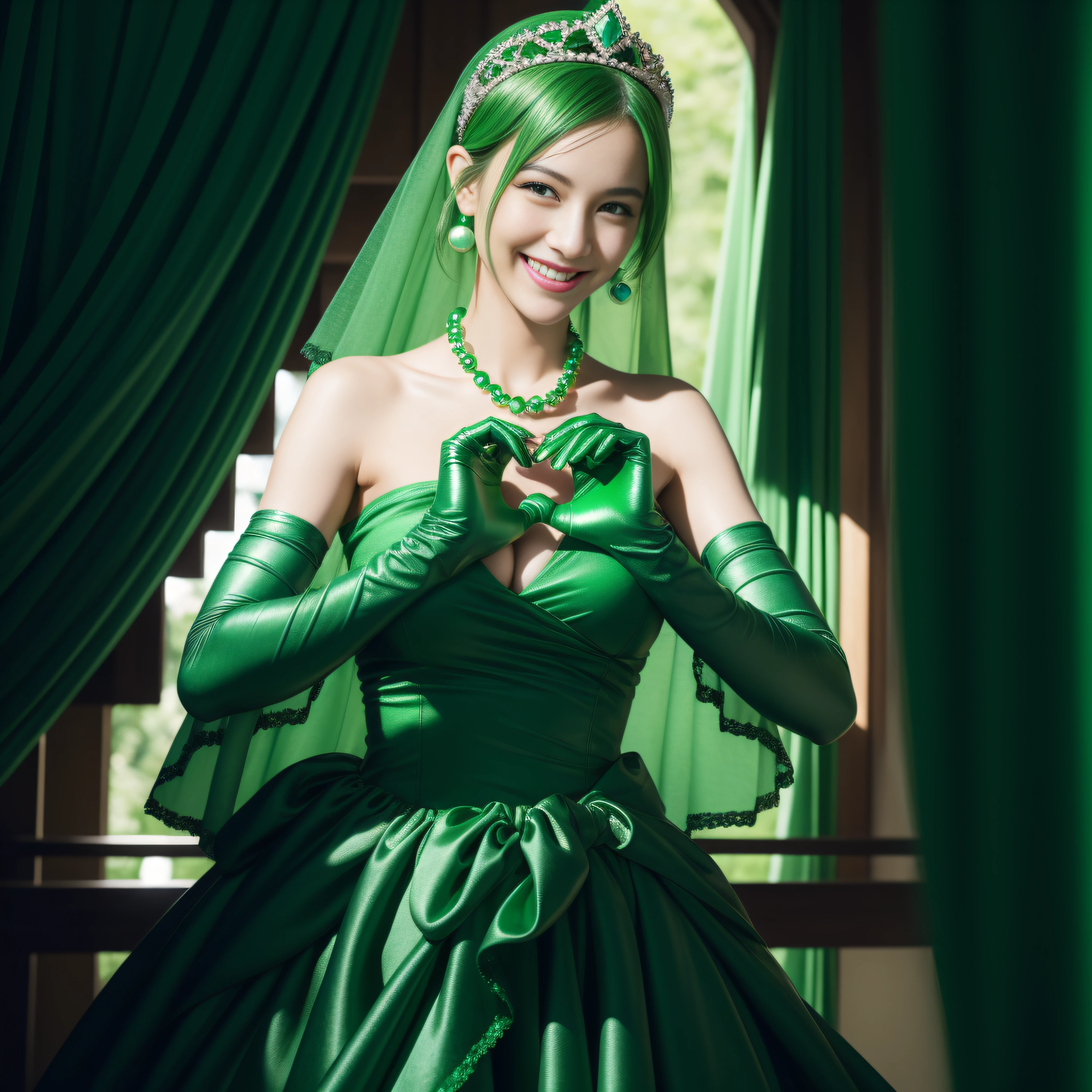 emerald tiara, Green Pearl Necklace, Boyish very short green hair, lipsticks, Japan woman smiling, very short short hair,  big breasts beautiful, Green eyes, Long green gloves made of satin material, Green eyes, Emerald Earrings, green vale, Heart with both hands