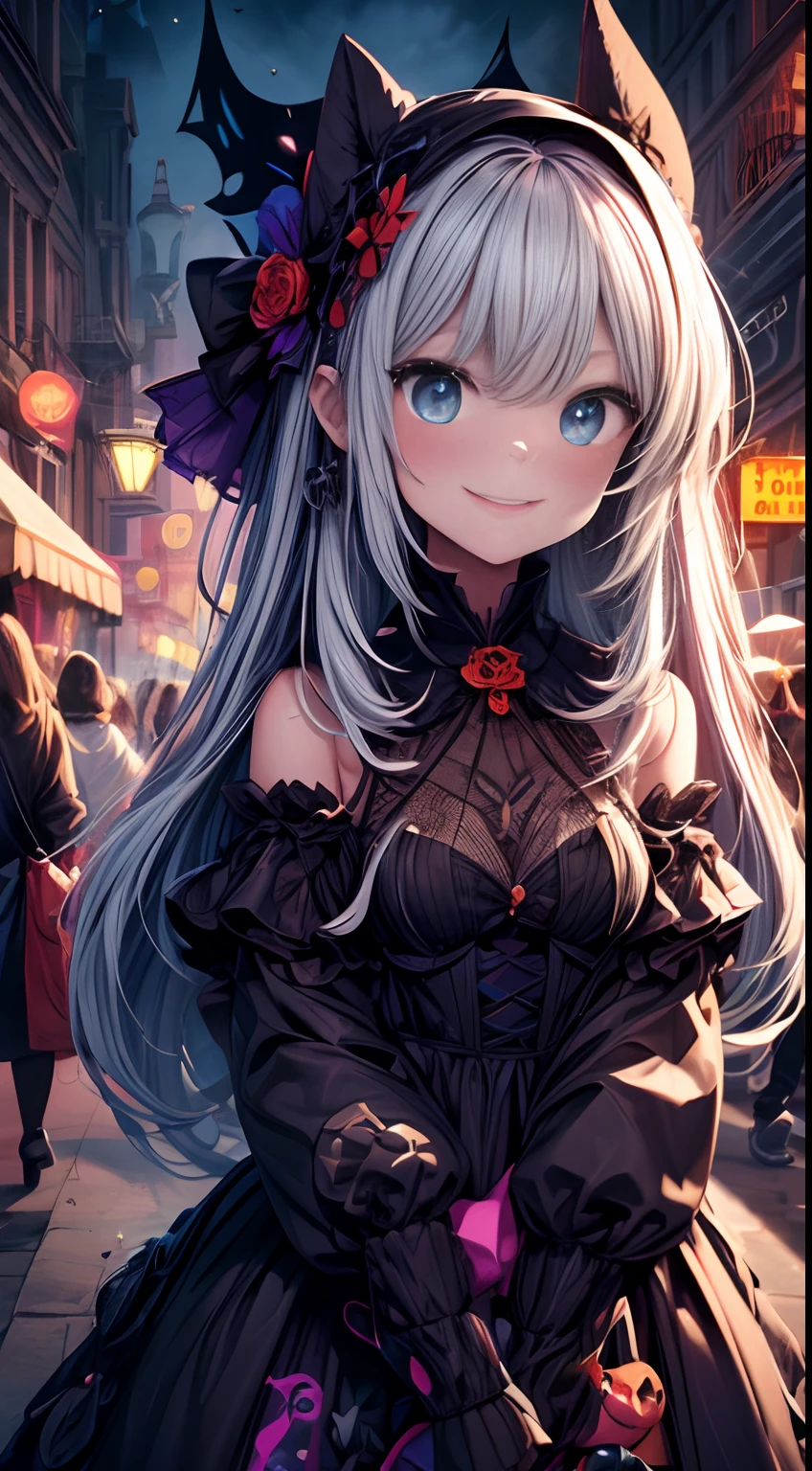 the ultra-detailed, high high quality, 4K, 8K, and masterpiece level (1.2) Cue for a Halloween extravaganza in cartoon style, Featuring jack-o-lanterns:

Vibrant Halloween scene, Energetic and eerie atmosphere, vibrant with colors、Richly detailed characters, Playful and whimsical vibes, Playful and charming cartoon style, A lively expression, Exaggerated and expressive facial features, Bright smile and mischievous smile, Glowing, Beautifully carved jack-o'-lanterns，Hideous-looking, Flashing candlelight inside a jack-o'-lantern, Shadows danced around, Eerie moonlit night, The eerie moonlight casts shadows, Enchanting forests and towering trees, The golden and orange leaves fall gently, Bats fly gracefully in the dark sky, Witches soar through the air on broomsticks, Vibrant clothing and unique designs, Kids dress up as a variety of Halloween creatures, Cheerful and eerie music filled the air, Spooky houses，The exterior decoration is creative, Cobwebs and spiders decorate the scene, The eerie and enchanting moon shines brightly, Ghostly figures float around, The excitement of trick-or-treating without sugar, Distribute sweets and snacks, Bright neon lights illuminate the scene, A magical and otherworldly aura, Fantastical creatures roam the landscape, A sense of mystery and adventure in the air, Exciting energy and anticipation, Joy and excitement in the midst of festive celebrations, A visual spectacle that delights and awe, A masterpiece of Halloween art.