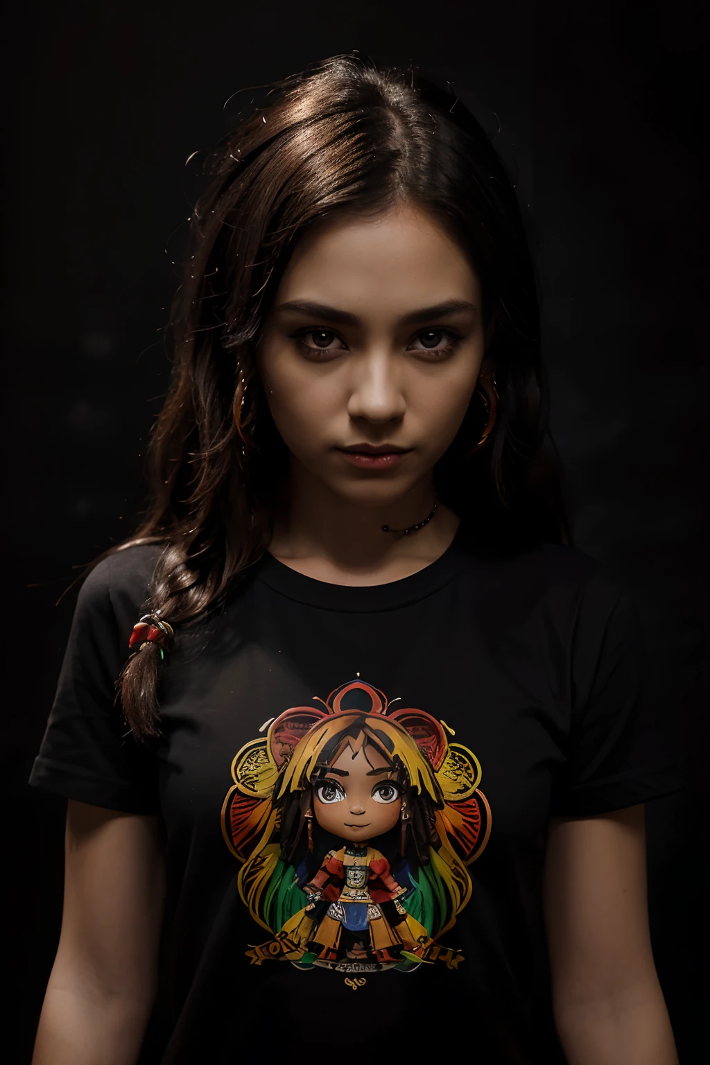 t-shirt art, 2D, ((black background :1, 5)), vector, vivid colors, chibi rasta outfit character, masterpiece, best quality, intricate details, perfect symmetrical face, realistic details, gothic theme, rim light, moonlight, cinematic shading, Greg Rutkowisk
