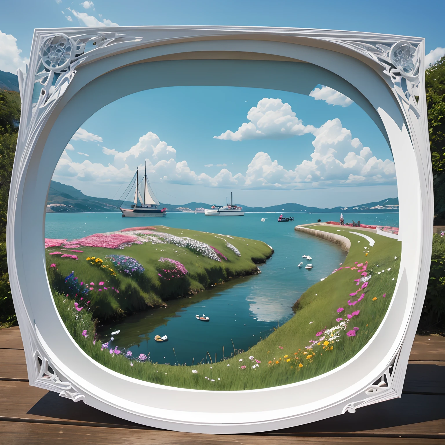 three-dimensional paper-cutting art, quay, sea, grassland, flowers, detailed and delicate depiction