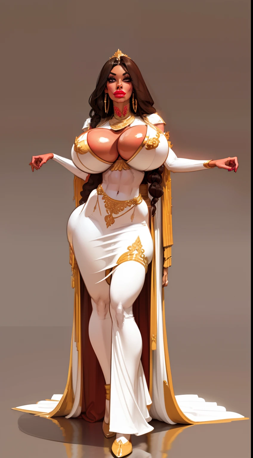 ((masterpiece)),(((best quality))),((character design sheet)), ((full body view)) ((Indian empress)) mature face, ((middle eastern eyes:1.4)), ((empress gown)), intricate breastplate, defined cheekbones, high cheekbones, illustration, muscular, ((gold:1.4)), sexy bimbo, (gigantic breasts:1.7) black hair, ((detailed face:1.4)) beautiful woman, (Indian:1.4) (white skin:1.4) , (red lipstick:1.4), shiny skin, scribbles and marks,(puffy lips:1.4) , rough sketches, pose, 8k,16k, (simple background, white background: 1.3) red and gold color palette, white legs, red arms, ((brown face))