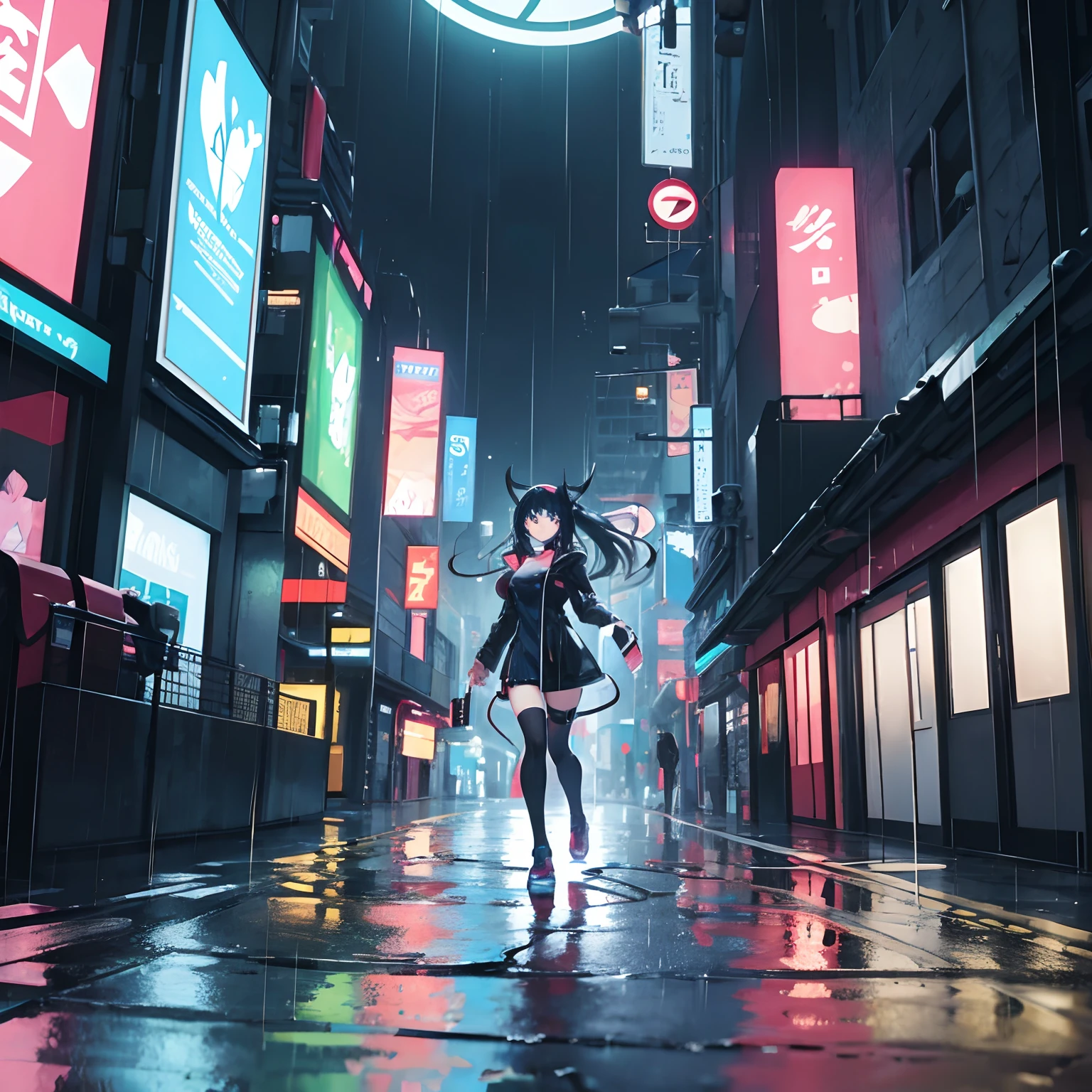 Anime woman wearing oculus headset walking down futuristic street in the rain