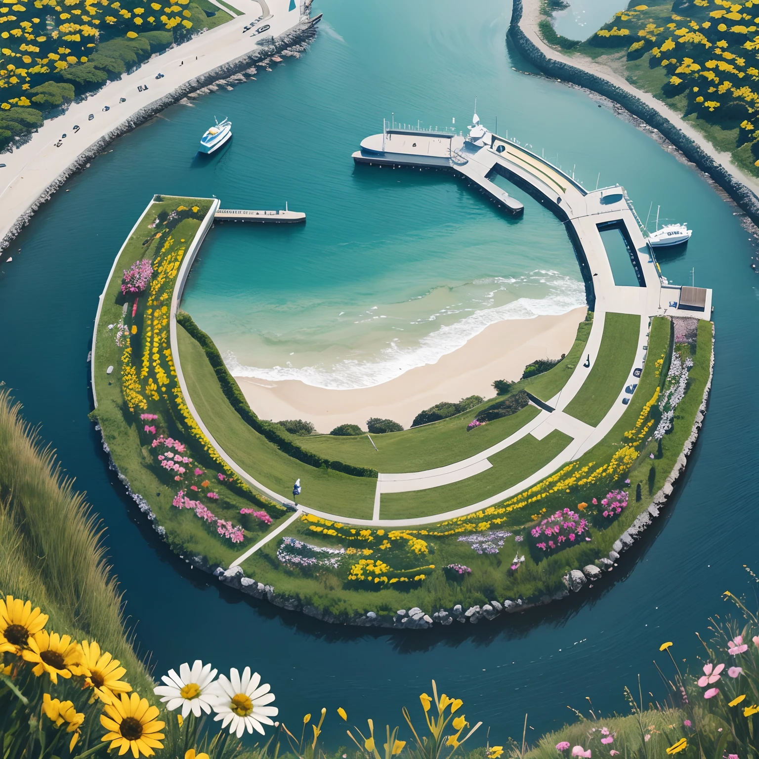 paper-cut art, quay, sea, grassland, flowers