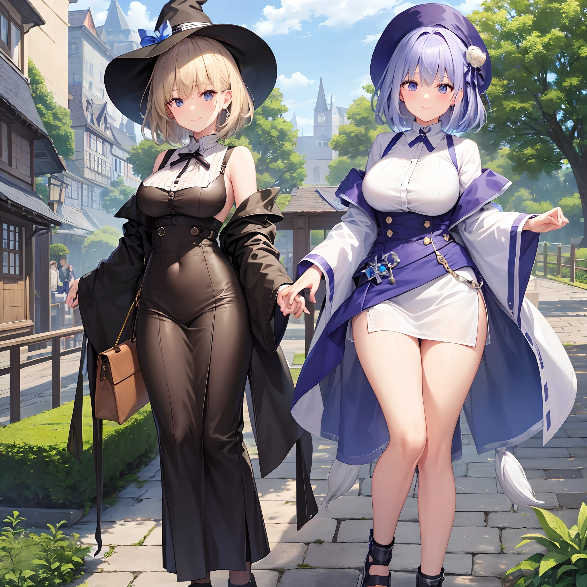 A mystical otherworldly half-timber town、Standing Girl、Black coat、white t-shirt、a black skirt、beautiful thigh、Beautiful calves、White short hair with blue-purple mesh、Looking at me with a smile、Black sneakers with white shoelaces、Large witch hat with sapphire accessories、Dark brown eyes with highlights、On a hilltop with a panoramic view of the town、A large castle in historic Germany、hiquality、high-level image quality、