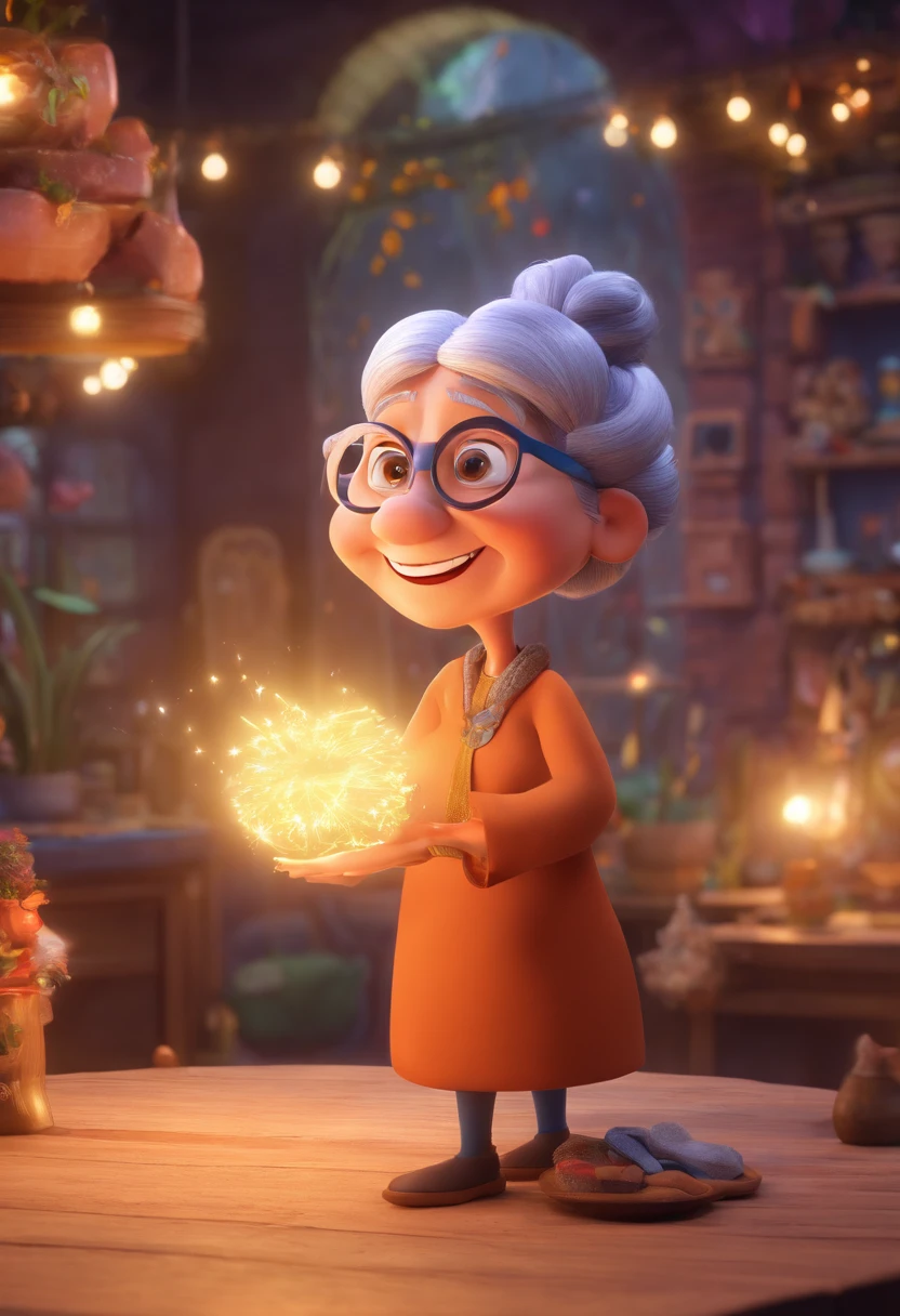 Create a Pixar-style poster of a 70-year-old lady in a bun in a mystical place with magical powers, um lugar com muita magia