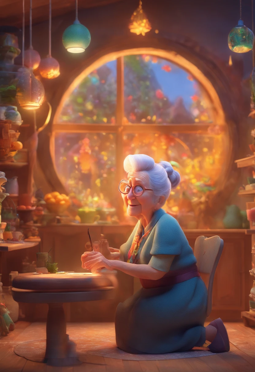 Create a Pixar-style poster of a 70-year-old lady in a bun in a mystical place with magical powers, um lugar com muita magia