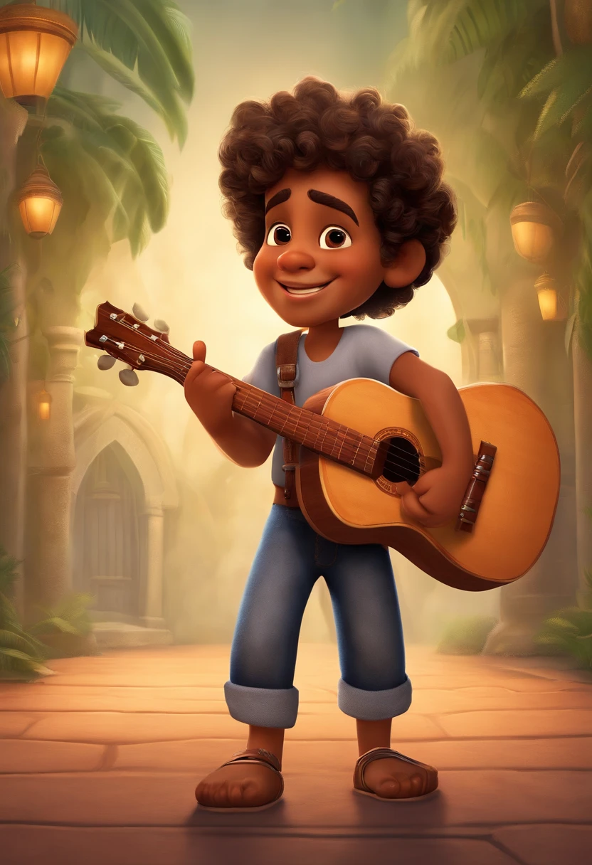 crie um banner no estilo Pixar. A boy with Indian features, moreno pardo com cabelos curtos, Castanhos escuros, Curly and slightly grayish appearance, mas jovem, usando uma camiseta, Wearing jeans and holding a classical guitar with 7 strings.