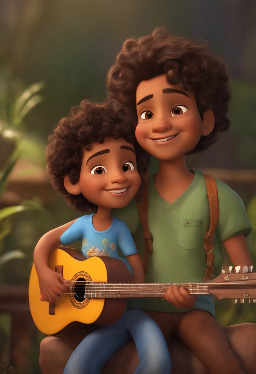crie um banner no estilo Pixar. A boy with Indian features, moreno pardo com cabelos curtos, Castanhos escuros, Curly and slightly grayish appearance, mas jovem, usando uma camiseta, Wearing jeans and holding a classical guitar with 7 strings.