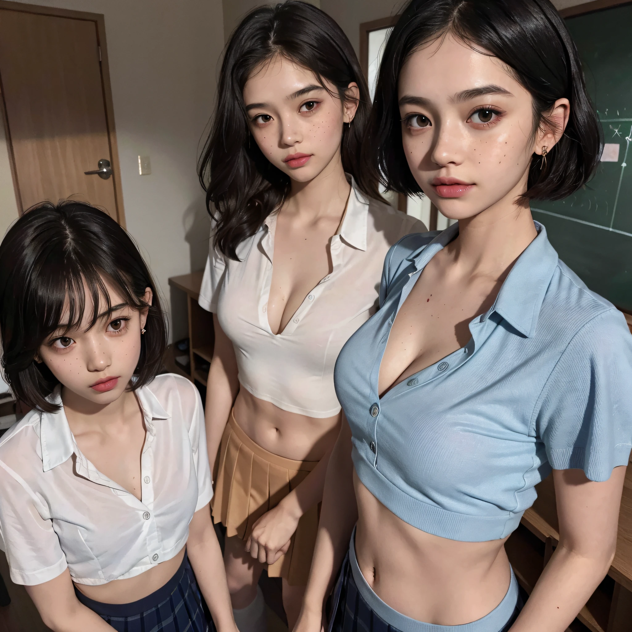 18 years old ((beautiful woman )) writing report in the office of tv station, bob hair, whiteboard, studio lighting, cinematic light, bio luminescent, (masterpiece), realistic, (25yr old female), beautiful face, underwears, open buttons, linen mini skirt, nsfw, open chest, open top button, studio lighting, transparent, see through, nsfw, 3 girls. beautiful look, japan european look, beautiful black eyes, perfect anatomy, bob hair, adult princess eyes, 8 life size, 8k resolution, highly detailed, amazing incredibly beautiful 25-something japanese woman , detailed hairstyles art by jean-baptiste monge, arthur rackham, pyle, j.cleyendecker, gurney, tony diterlizzi, peter deseve, bob hair, open all shirt buttons. office rooftop.