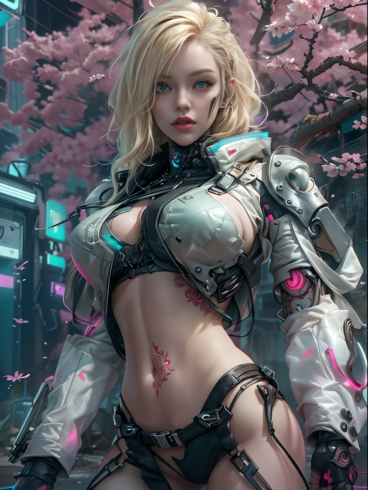 cyber punk Girl,(top-quality, perfect CG unity 8K UHD wallpaper 、masterpiece、nffsw:1.3)、(The ultra -The high-definition)、(Photorealsitic:1.4)、Raw photography, long neon blonde hair, Perfect vibrant green eyes and long detailed eyelashes, huge enormously gigantic tits, cleavage showing, wearing futuristic hooded battle armor, tons of tattoos and piercings, Charming perfect figure,dynamic actionpose:1.2,Detailed cyberpunk fashion、futuristic World of Cyberpunk,cherry blossoms blowing in the wind, depth of fields, highly detailed backround,、