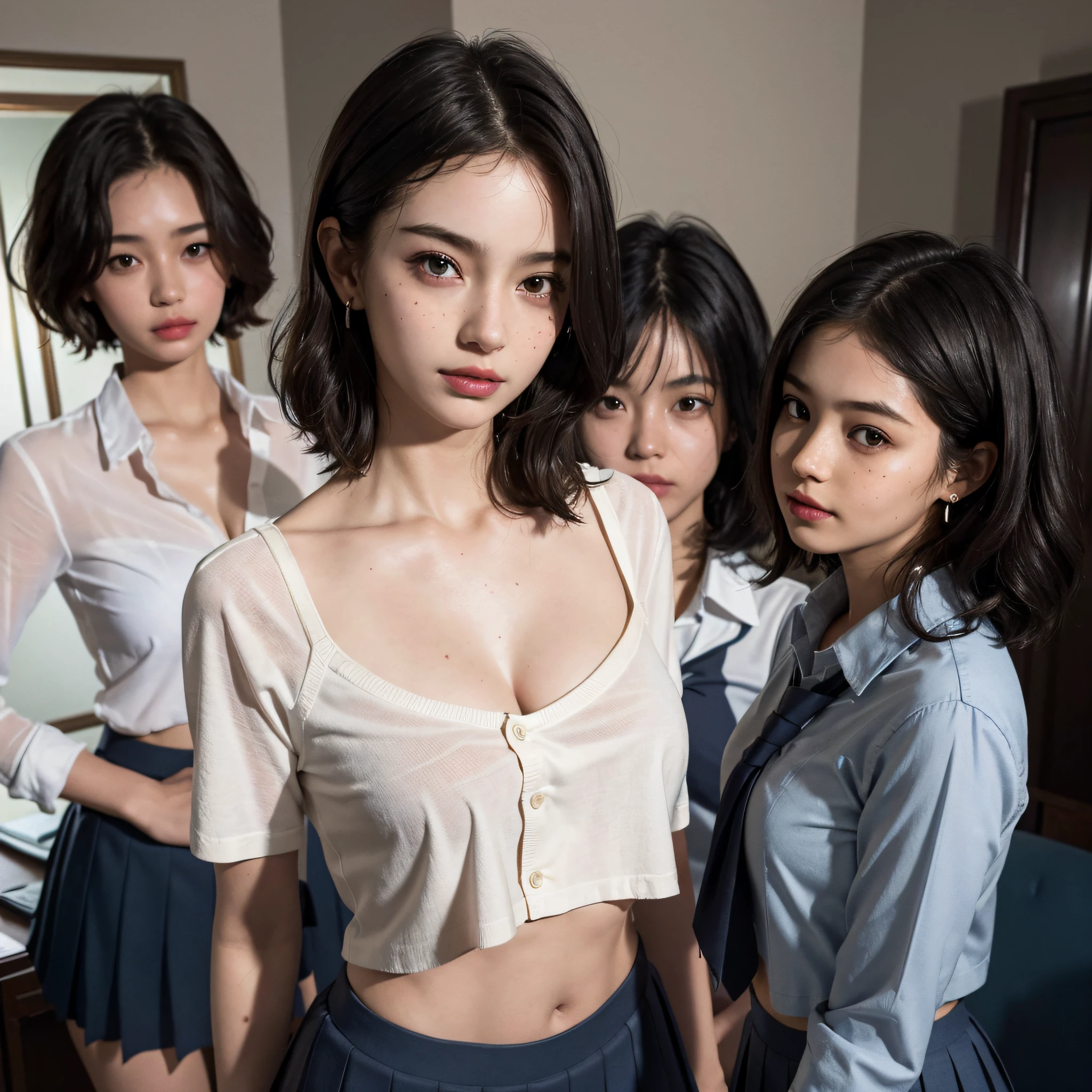 ((medium breast, 15 year old girl, small head)), ((15)) daylight, sunlight, (perfect body : 1.1), (young), (short wavy hair:1.2), full body shot, (extremely detailed CG 8k wallpaper), (an extremely delicate and beautiful), (masterpiece), (best quality), (ultra highres), beautiful lighting ,perfect lightning, realistic shadows, [highres], detailed skin, ultra-detailed, (slim body), earring, thighs, fine collarbone, soft navel, soft midriff, soft back, sweaty, beautiful breasts, blush, photorealistic, realistic face, realistic eyes, small eyes, smirk, (((cleavage))), (freckles), (eye liner), (mascara), (((3 girls))), (girl wearing school uniform:1.4, pleated skirt, button up shirt), ((school uniform)),