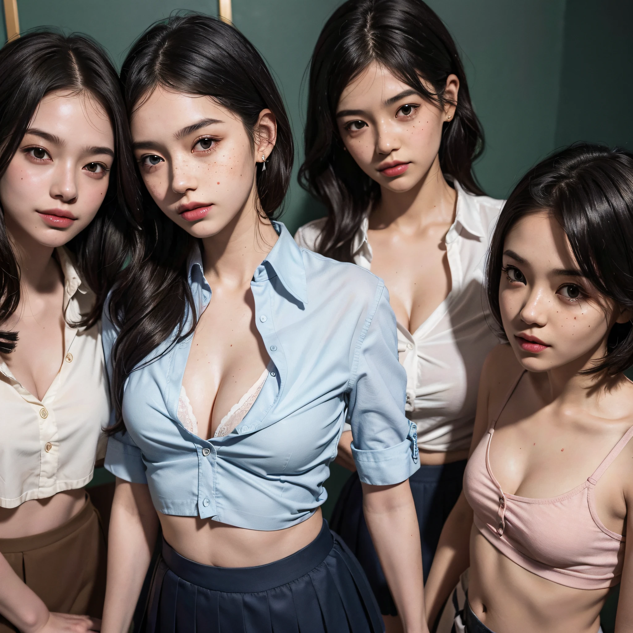 ((medium breast,  girl, small head)), ((15)) daylig, sunlight, (perfect body : 1.1), (young), (short wavy hair:1.2), full body shot, (extremely detailed CG 8k wallpaper), (an extremely delicate and beautiful), (masterpiece), (best quality), (ultra highres), beautiful lighting ,perfect lightning, realistic shadows, [highres], detailed skin, ultra-detailed, (slim body), earring, thighs, fine collarbone, soft navel, soft midriff, soft back, sweaty, beautiful breasts, blush, photorealistic, realistic face, realistic eyes, small eyes, smirk, (((cleavage))), (freckles), (eye liner), (mascara), (((3 girls))), (girl wearing school uniform:1.4, pleated skirt, button up shirt), ((school uniform)),
