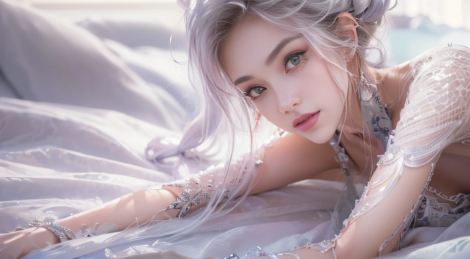 ((tmasterpiece:1.4)、(top-quality:1.4)、(reallistic:1.7))、By Luis Royo(By Luis Royo)Surreal portrait of a beautiful girl、Super beautiful girl、((1girl in:1.4))、Shiny natural skin texture、Authors:By Luis Royo(By Luis Royo)、age19、(Two arms:1.4、Two legs:1.4)、(perfect anatomia:1.4)、(Perfect female body:1.4)、Portrait photo of a girl、Close-up photos、Full body shooting、((masutepiece:1.4), (of the highest quality:1.4), (Realistic:1.7), By Luis Royo, Beautiful Girl, Super beautiful girl, ((1girl in:1. 4), Shiny natural skin texture, Authors: By Luis Royo, 19 years old, (Perfect female body: 1.4), (Perfect female body: 1.) 4), Portrait photo of a girl, Close-up photos, (Full body photo), Fantasy Art, Soft front light, Beautiful expression, Kawaii face, Beautiful breasts, Large Full Breasted: 1. 2, Beautiful buttocks, Fine eyes, Clear and eye-catching, beautiful and alluring, Beautiful eyes, thin waist, Raw photo, Red lips, ((White hair, Long hair)) , 1 Screen View, ((Woman on all fours on silk bed)), (sexyposture), (the milky way in the sky),((T-back panties))、((White garters and garter belts))、(A smile),((posterior view))、((Looks Back))、((Vaginal orchids))、((erection))