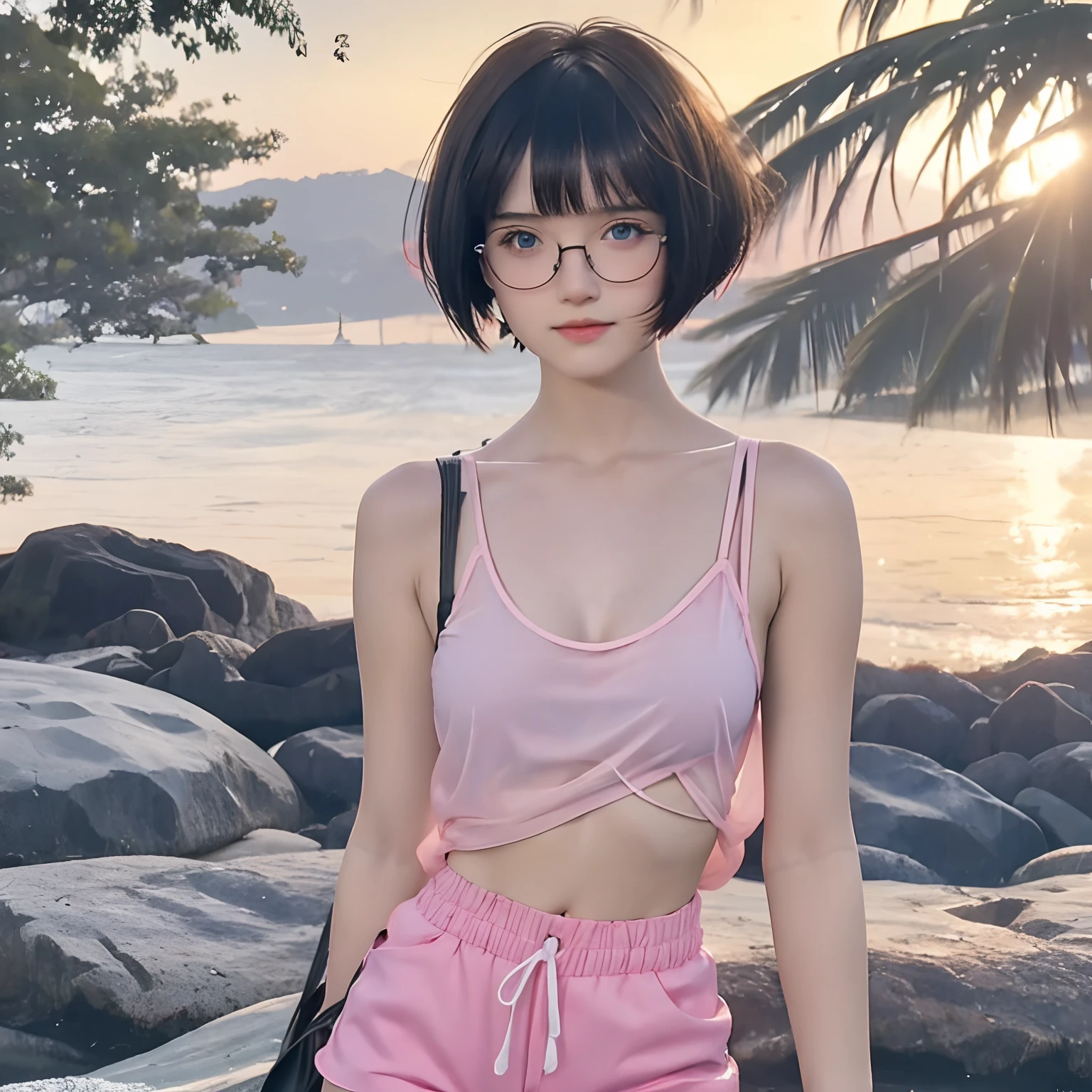 cute girl with black short bob hair and bangs, she is in eyeglasses, pink-strapped transparent white camisole, no bra, tits, erect nipples, pink shorts, petite body, see-through, her skin bright, beautiful blue eyes, sunset, tropical beach, she's doing selfie, 8k detailed high quality, nsfw, semi-realistic