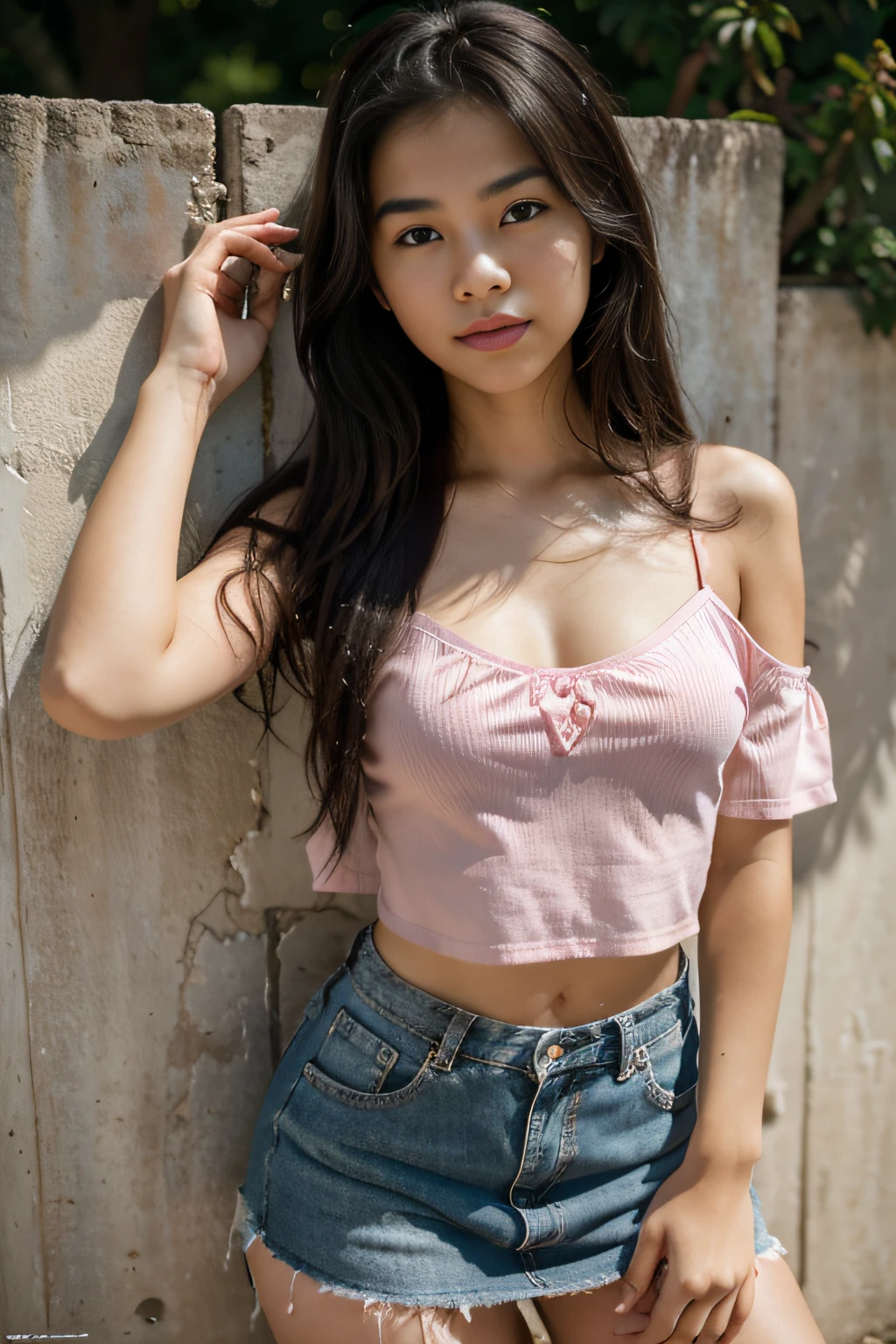 photo-realistic photo of preteen of preteen 14-year old Asian girl, Black hair, Long hair, soft skin, pink complexion, perfect composition, pink lips, wearing loosing fitting spaghetti strap off the shoulder shirt, low waist mini skirt, natural lighting, outside, leaning against a wall, in the park, very young sexy and attractive gravure idol, trending on twitter