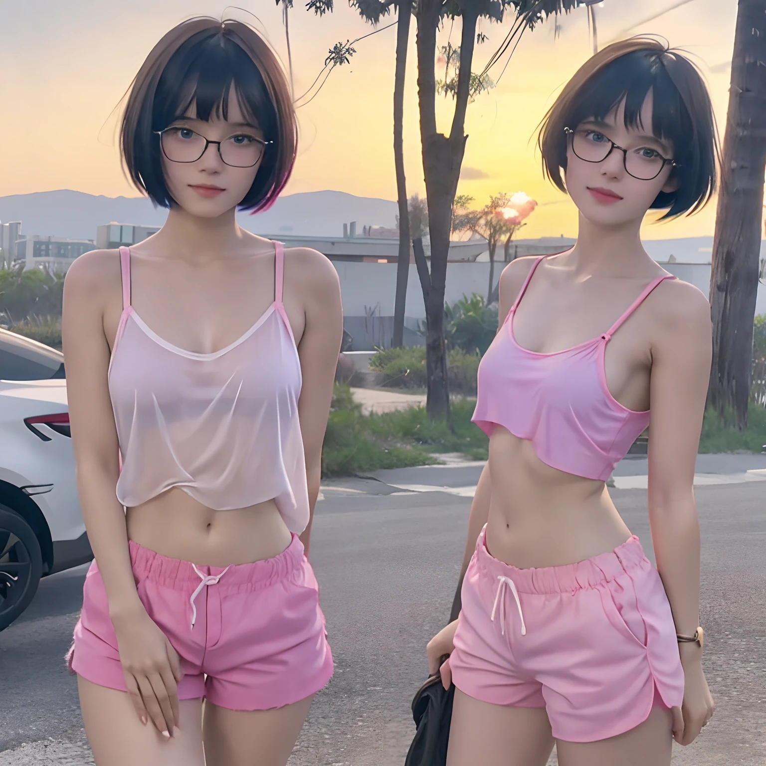 cute girl with black short bob hair and bangs, she is in eyeglasses, pink-strapped transparent white camisole, no bra, tits, erect nipples, pink shorts, petite body, see-through, her skin bright, beautiful blue eyes, sunset, tropical beach, she's doing selfie, 8k detailed high quality, nsfw, semi-realistic