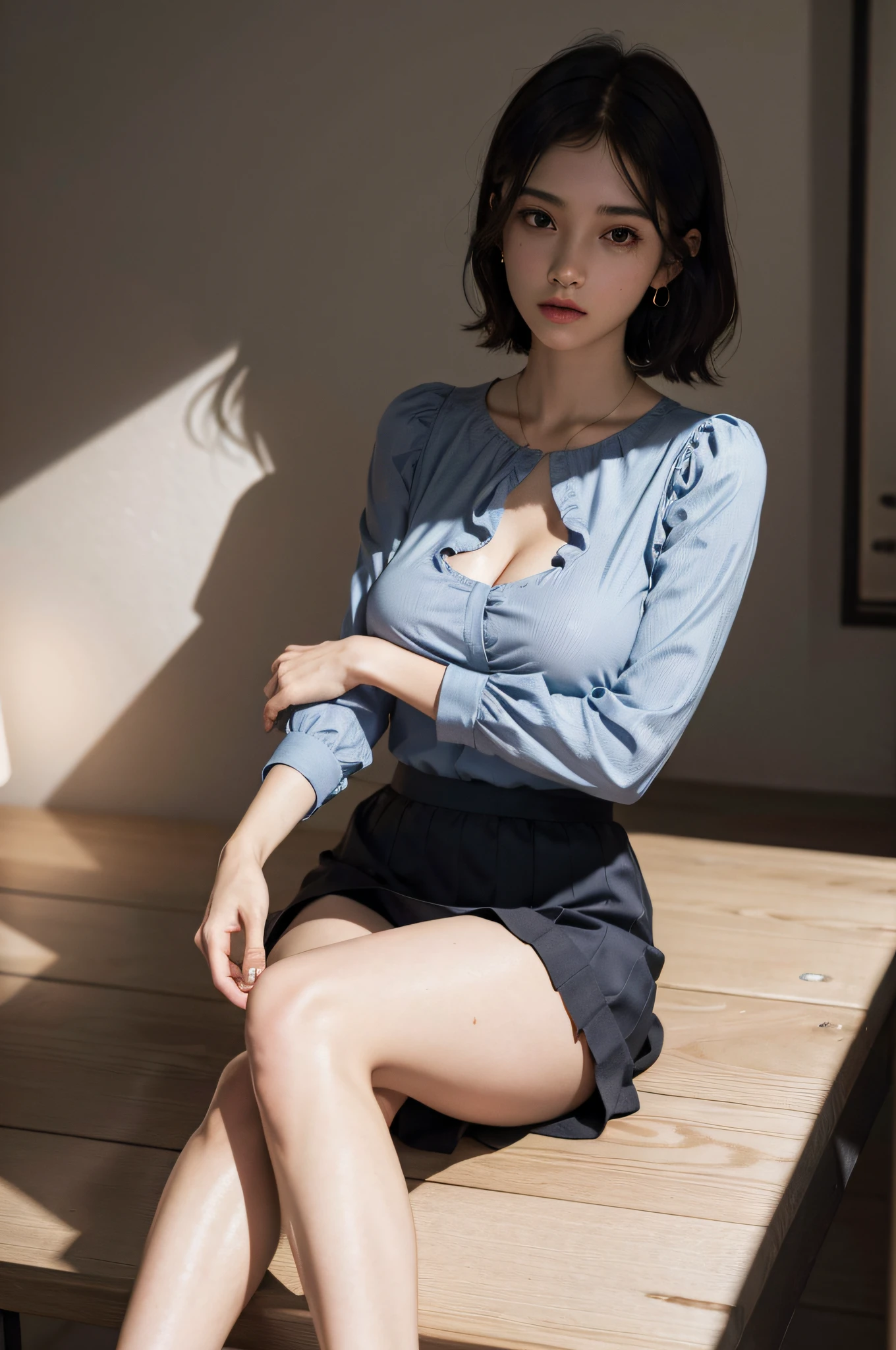 absurdres, RAW photo, extremely delicate and beautiful, masterpiece, Best Quality, ultra high resolution, 16k, hyperrealistic, ultra-detailed, Very detailed CG 8k wallpaper, Beautiful Lighting, Perfect Lightning, Realistic Shadows, perfect anatomy, super Detailed skin, perfect figure, late 20s, very Slim body, narrow waist, very small head, very detailed eyes and face, realistic face proportions, Stunning detailed eyes, Realistic beautiful face, very small face, Realistic small beautiful eyes, double eyelids, tearful mole, mole on chest, earring, bare legs, beautiful and very thin legs, beautiful and very thin thighs, (((very huge round breasts))), (short hair), wavy hair, (sweat), (full body shot), (((skirt suit))), (((blouse))),
