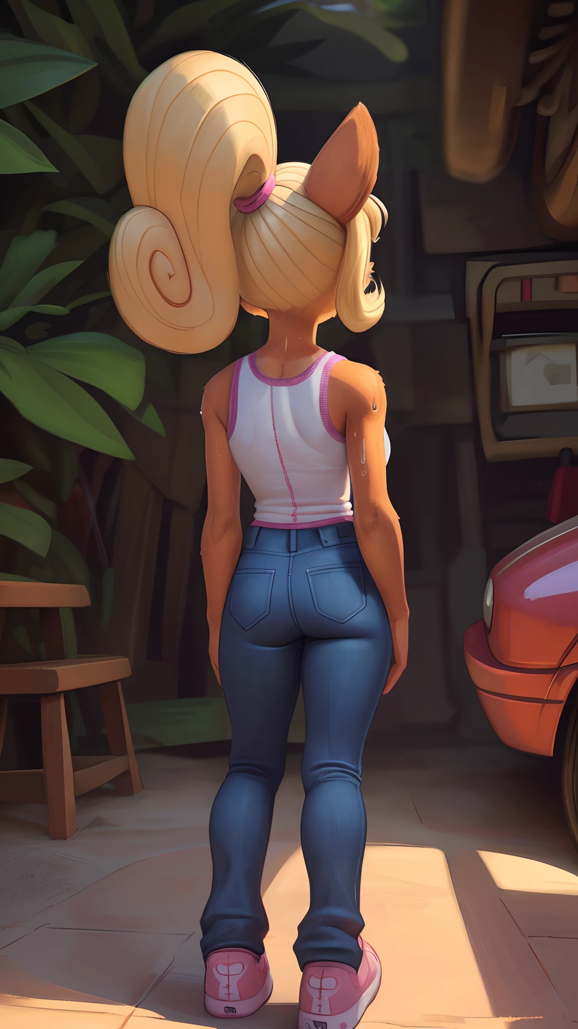 [Coco bandicoot], [Uploaded to e621.net; (Pixelsketcher), (wamudraws)], ((masterpiece)), ((high quality)), ((HD)), ((solo portrait)), ((full body)), ((back view)), ((furry; anthro)), ((detailed fur)), ((detailed shading)), ((beautiful render art)), ((back view)), ((eyes not visible)), ((shoes visible)), ((intricate details)), {anthro; orange fur, black nose, (pink eyeshadow), (expressionless), (sweating), blonde curly hair, curly ponytail}, {(white tank top pink lining), (small boobs), (tight jeans), (pink sneakers)}, {(standing), (looking ahead)}, [background; (tropical forest), (garage), (sun rays), (pink laptop on floor)]
